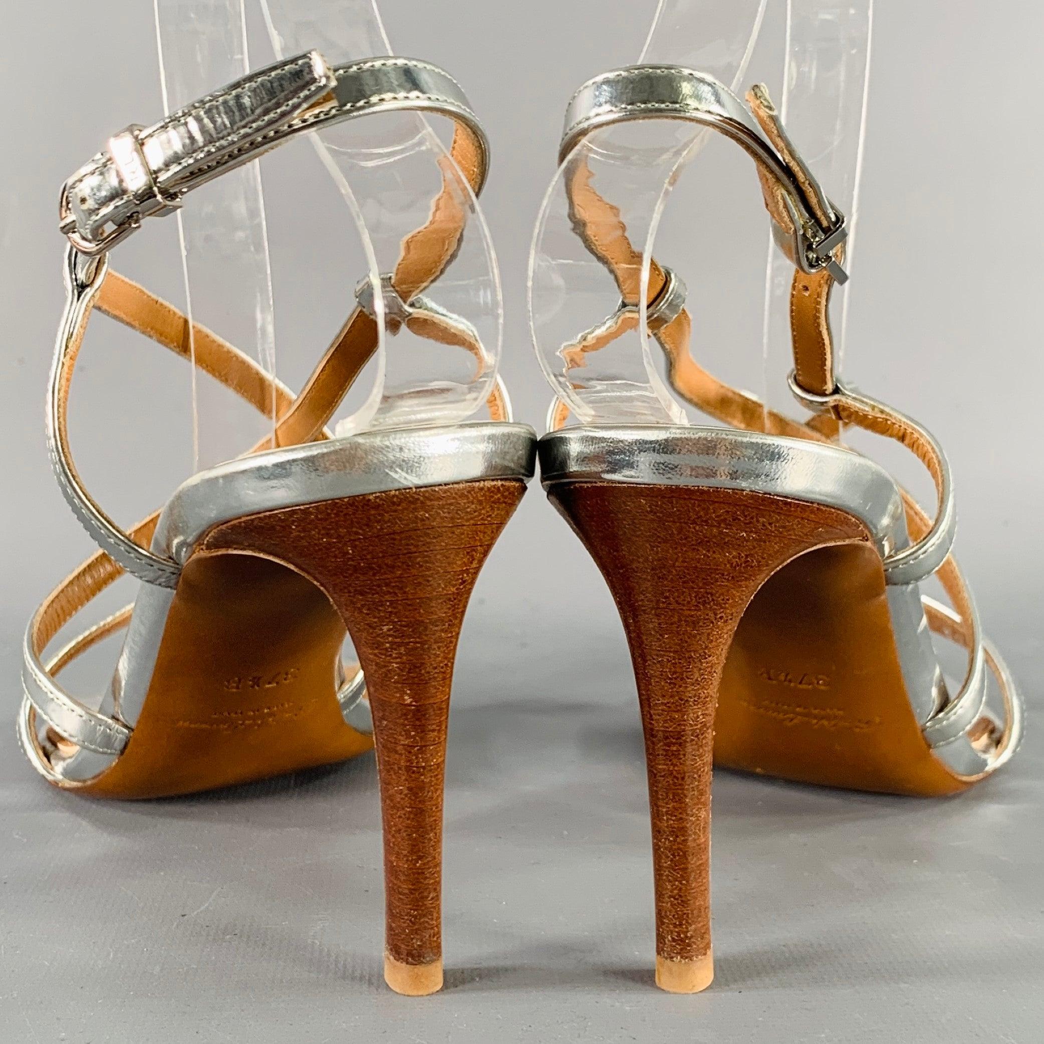 RALPH LAUREN Sandalias de tiras metálicas de charol plateado talla 7,5 Marrón en venta