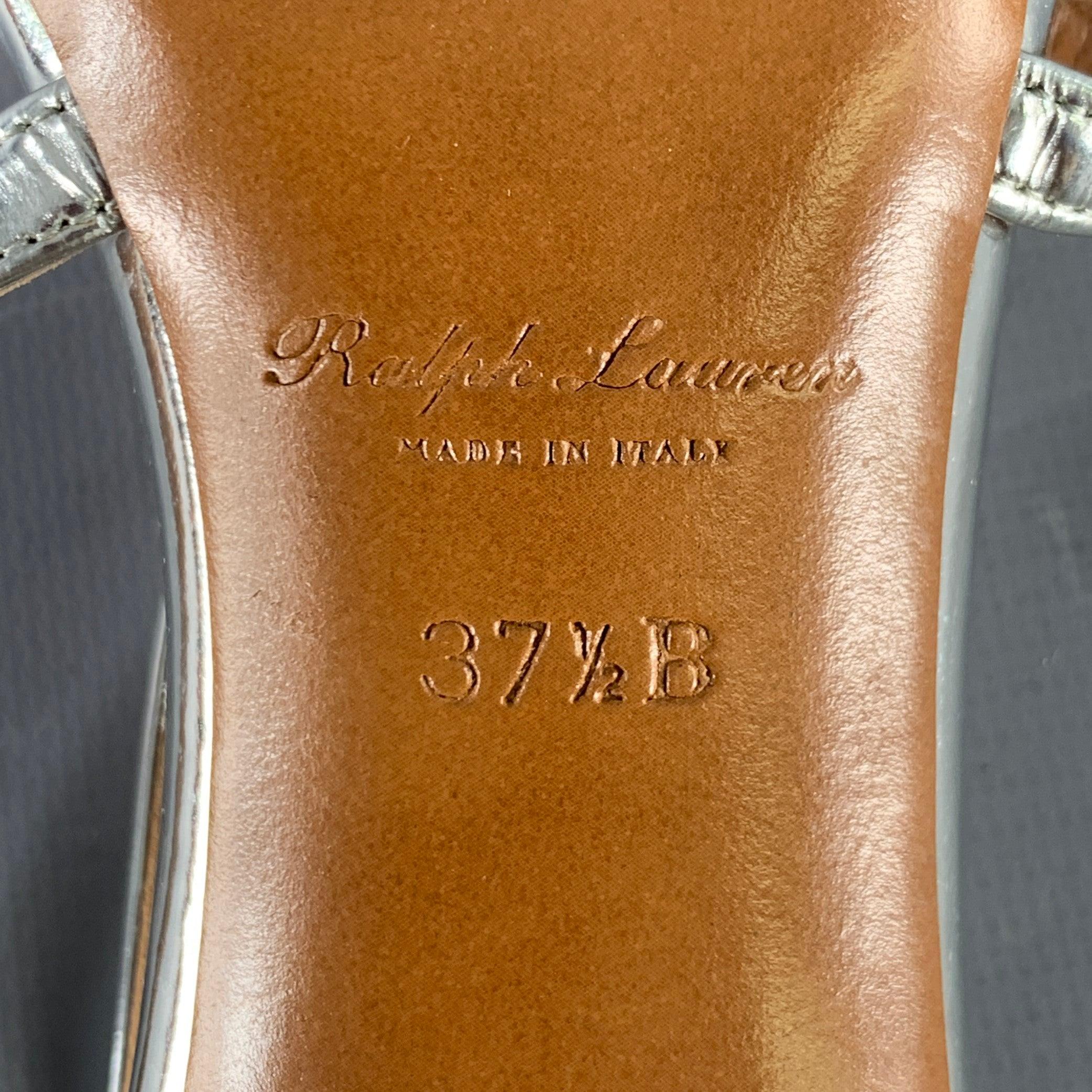 RALPH LAUREN Sandalias de tiras metálicas de charol plateado talla 7,5 en venta 3