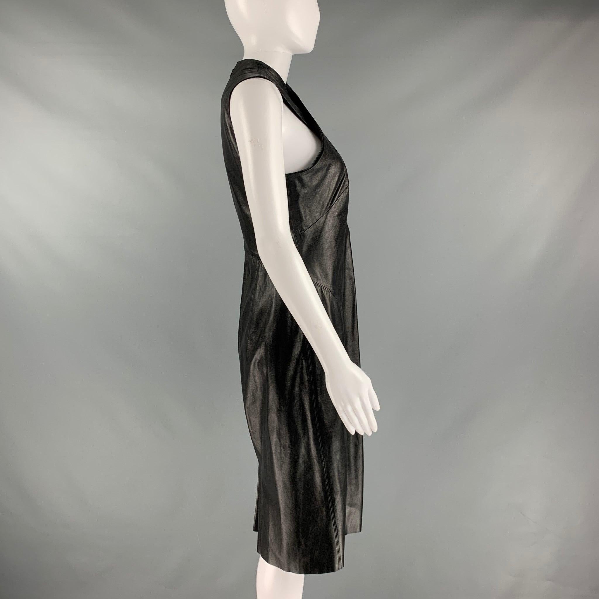 RALPH LAUREN Größe 8 Schwarzes ärmelloses Kleid aus Leder und Lammfell im Zustand „Hervorragend“ im Angebot in San Francisco, CA