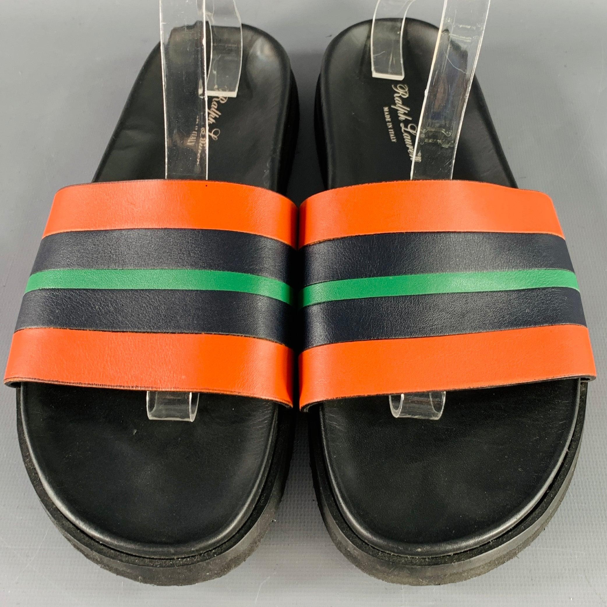 Men's RALPH LAUREN Size 8 Black Orange Green Stripe Leather Slide Sandals