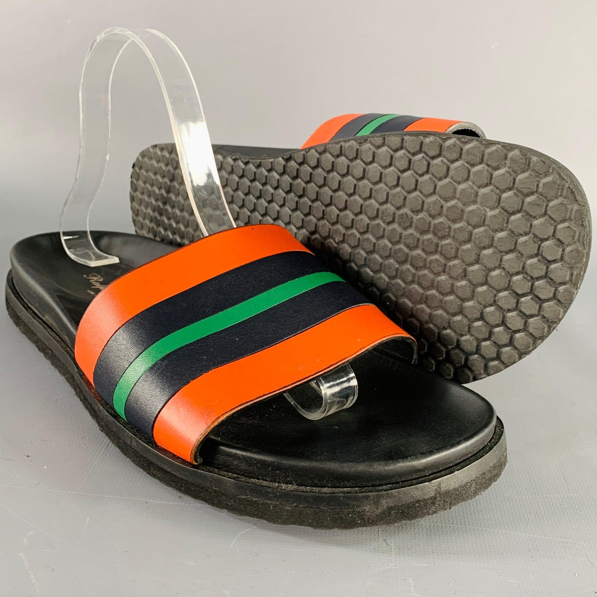 RALPH LAUREN Size 8 Black Orange Green Stripe Leather Slide Sandals 1