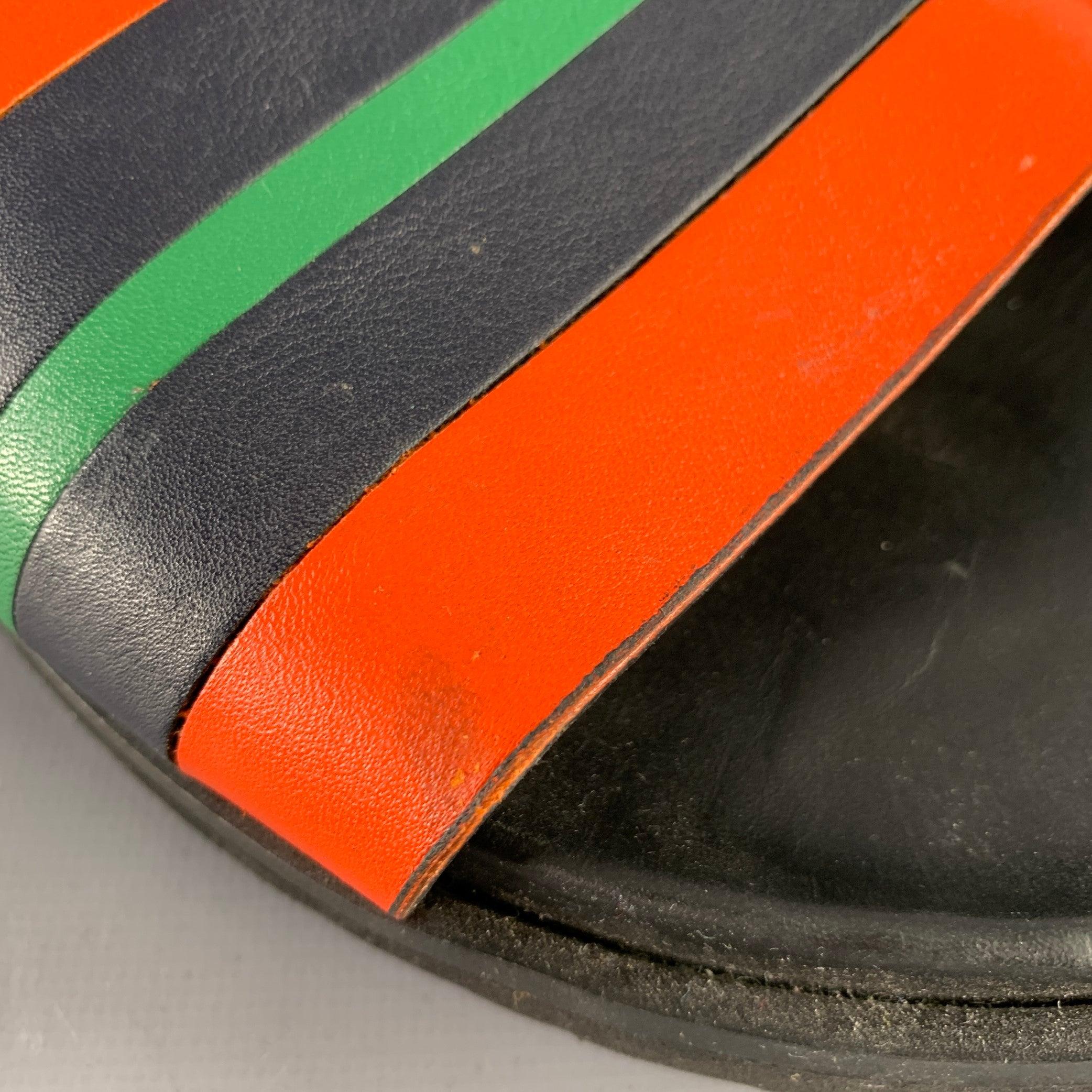 RALPH LAUREN Size 8 Black Orange Green Stripe Leather Slide Sandals 5