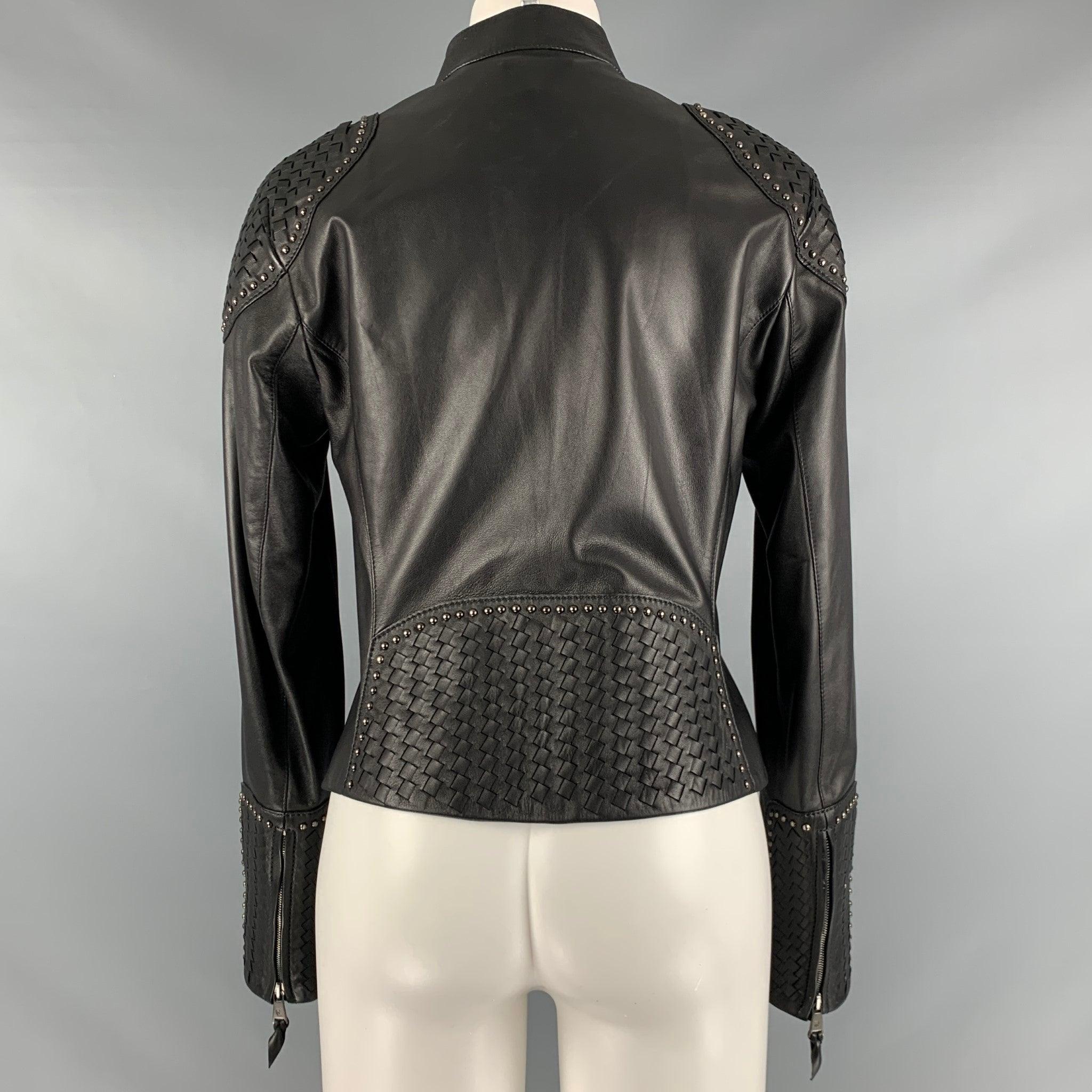 Women's RALPH LAUREN Size 8 Black Studded Leather Zip Up Jacket For Sale
