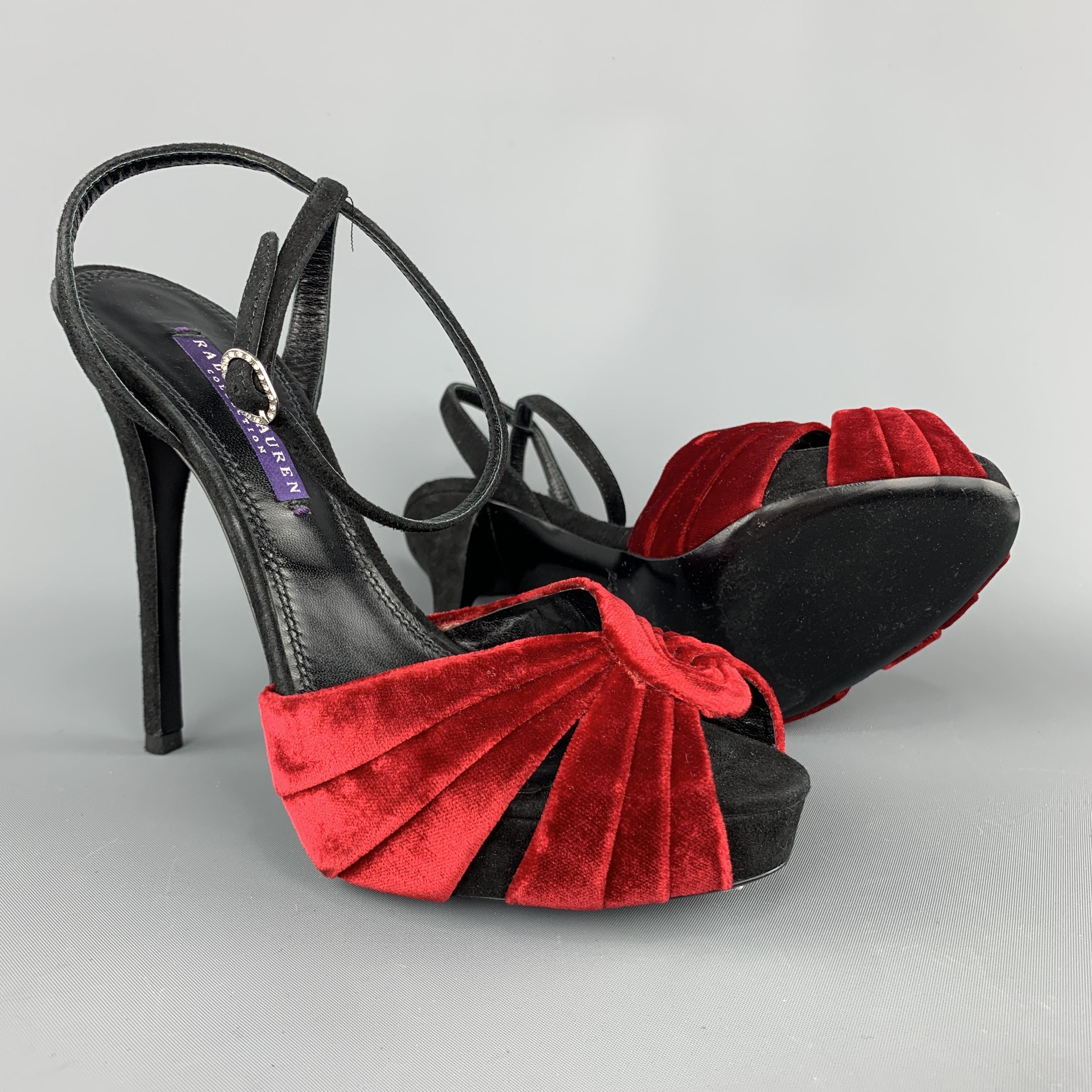 RALPH LAUREN Size 8 Black Suede Red Velvet Swirl Ankle Strap Sandals In Excellent Condition In San Francisco, CA