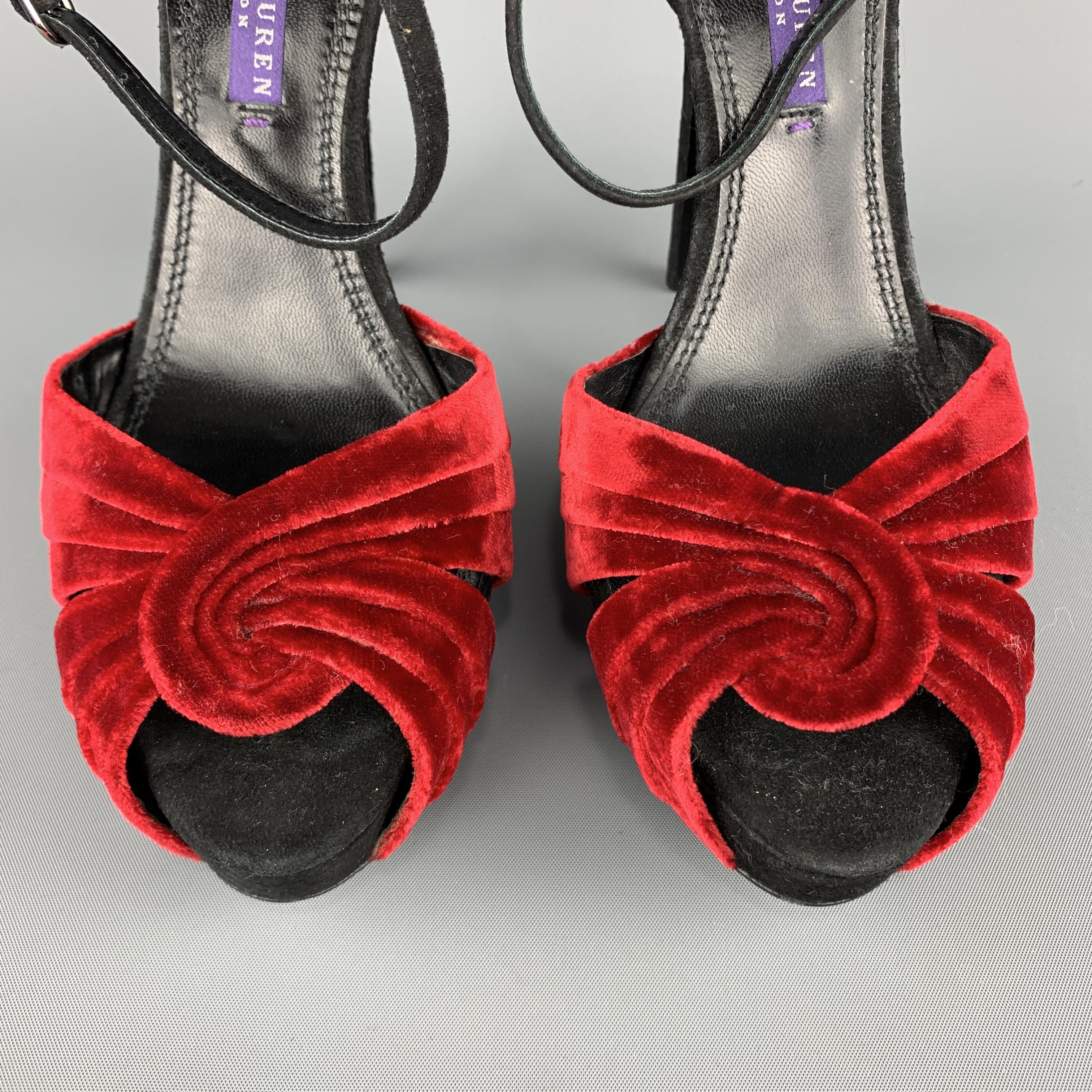 Women's RALPH LAUREN Size 8 Black Suede Red Velvet Swirl Ankle Strap Sandals