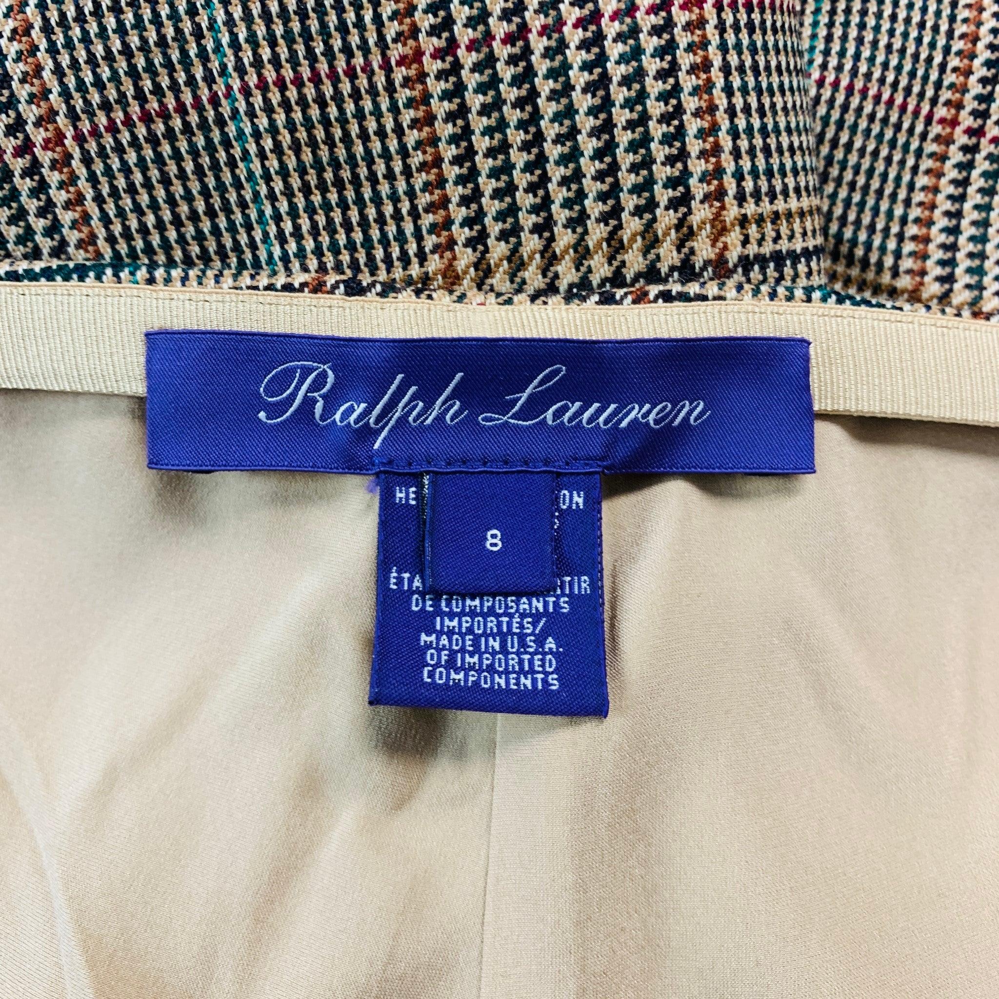 Women's RALPH LAUREN Size 8 Brown Beige Wool Glen plaid Side Zipper Dress Pants For Sale