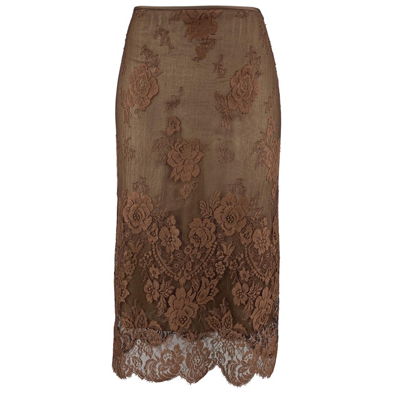 RALPH LAUREN Size 8 Brown Lace Overlay Midi Skirt at 1stDibs | brown ...