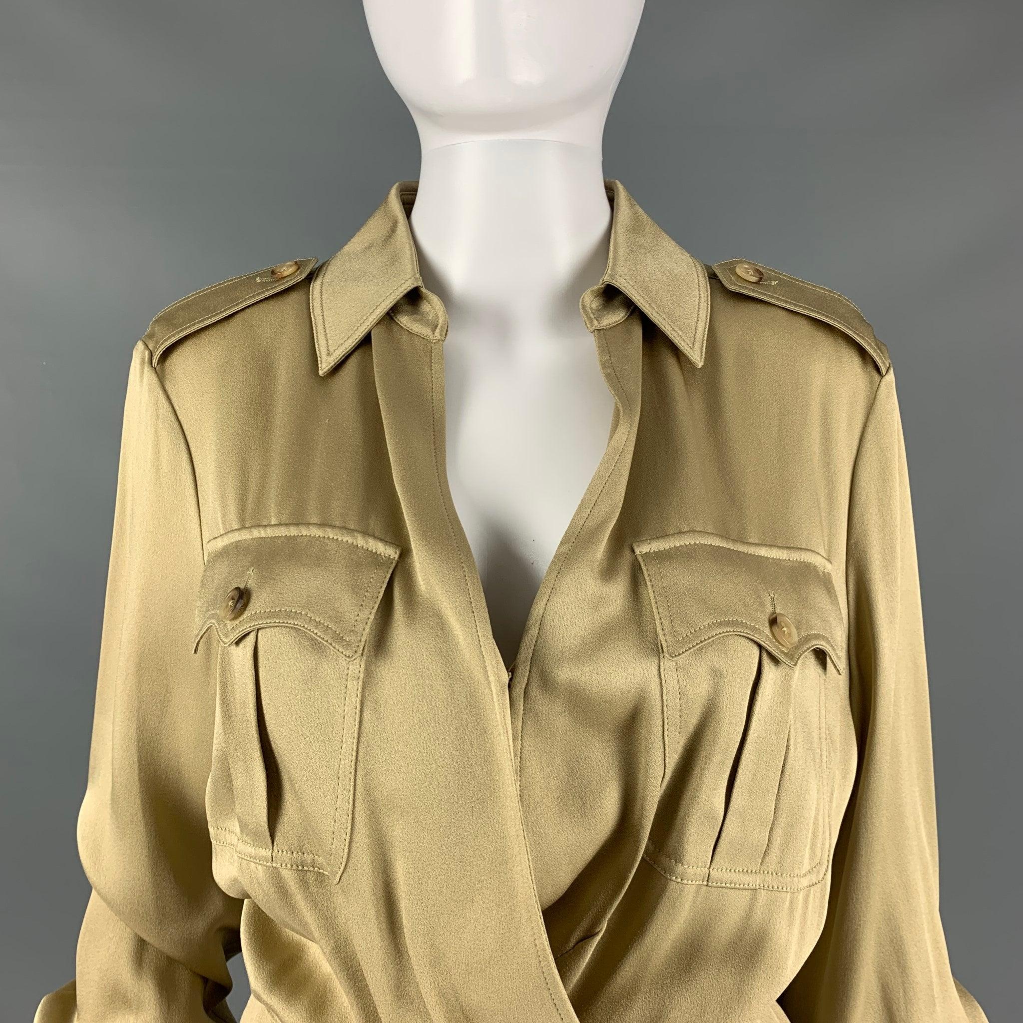 RALPH LAUREN COLLECTION dress in a gold tone viscose sateen fabric featuring a faux wrap style, V-neck, belted, long sleeves, and below knee length.Very Good Pre-Owned Condition. Minor signs of wear. 

Marked:  8 

Measurements: 
 
Shoulder: 16.5