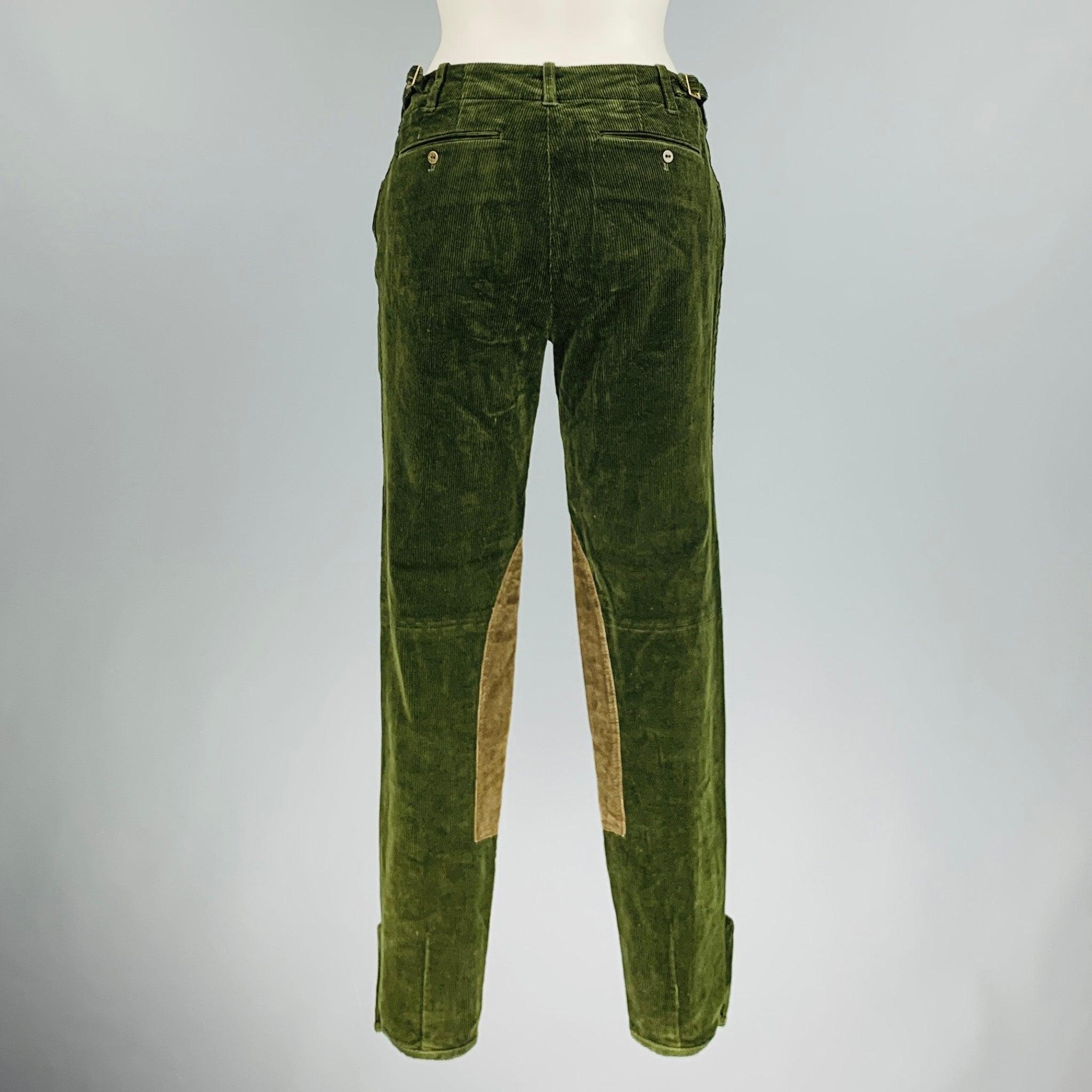 RALPH LAUREN Size 8 Green Olive Cotton Elastane Patchwork Suede Casual Pants In Excellent Condition For Sale In San Francisco, CA