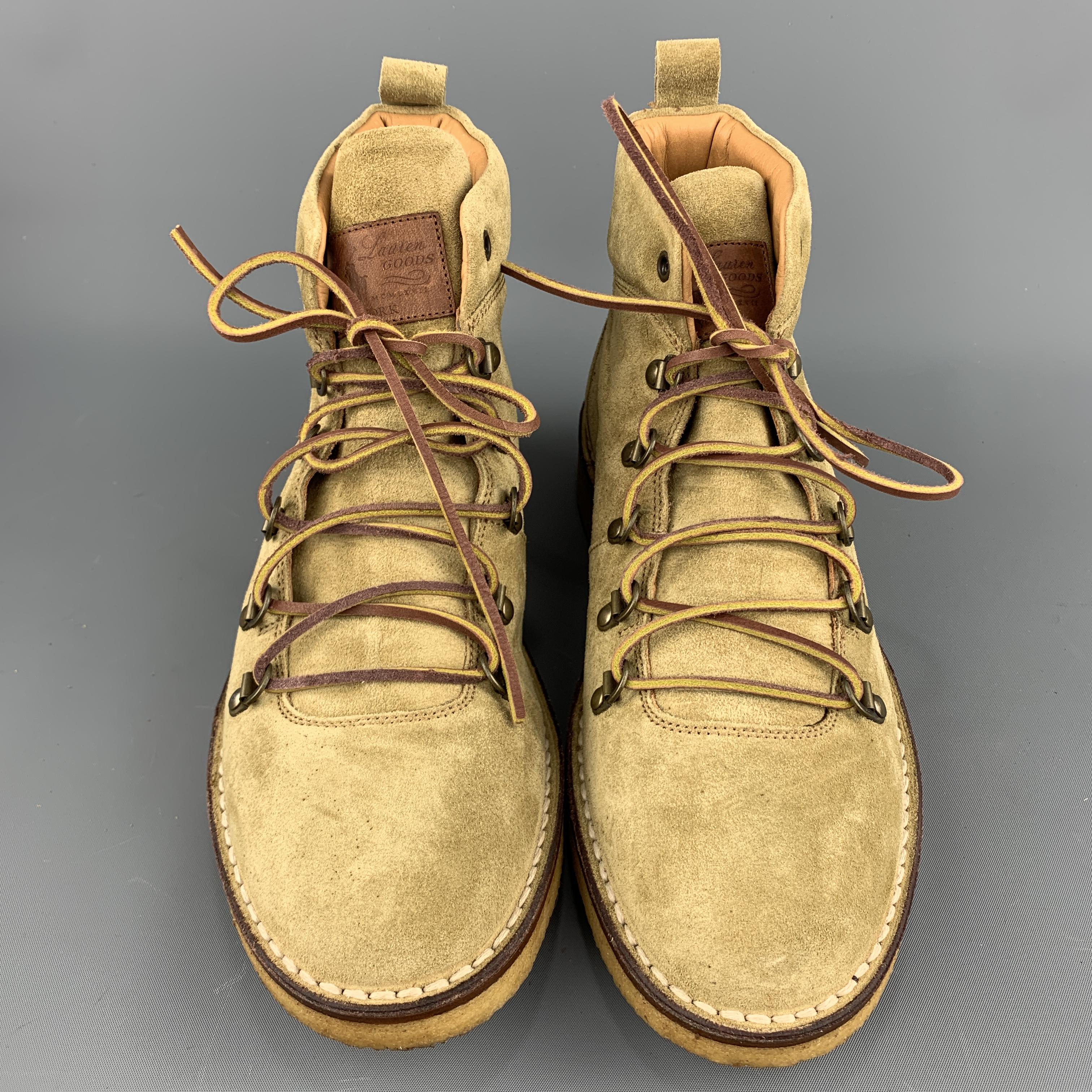 RALPH LAUREN boots come in khaki beige suede with ski hook lace up front and crepe sole. With box. Made in Italy.
 
Excellent Pre-Owned Condition.
Marked: 8 D
 
Outsole: 11.5 x 4.25 in.
Length: 4.5 in.
