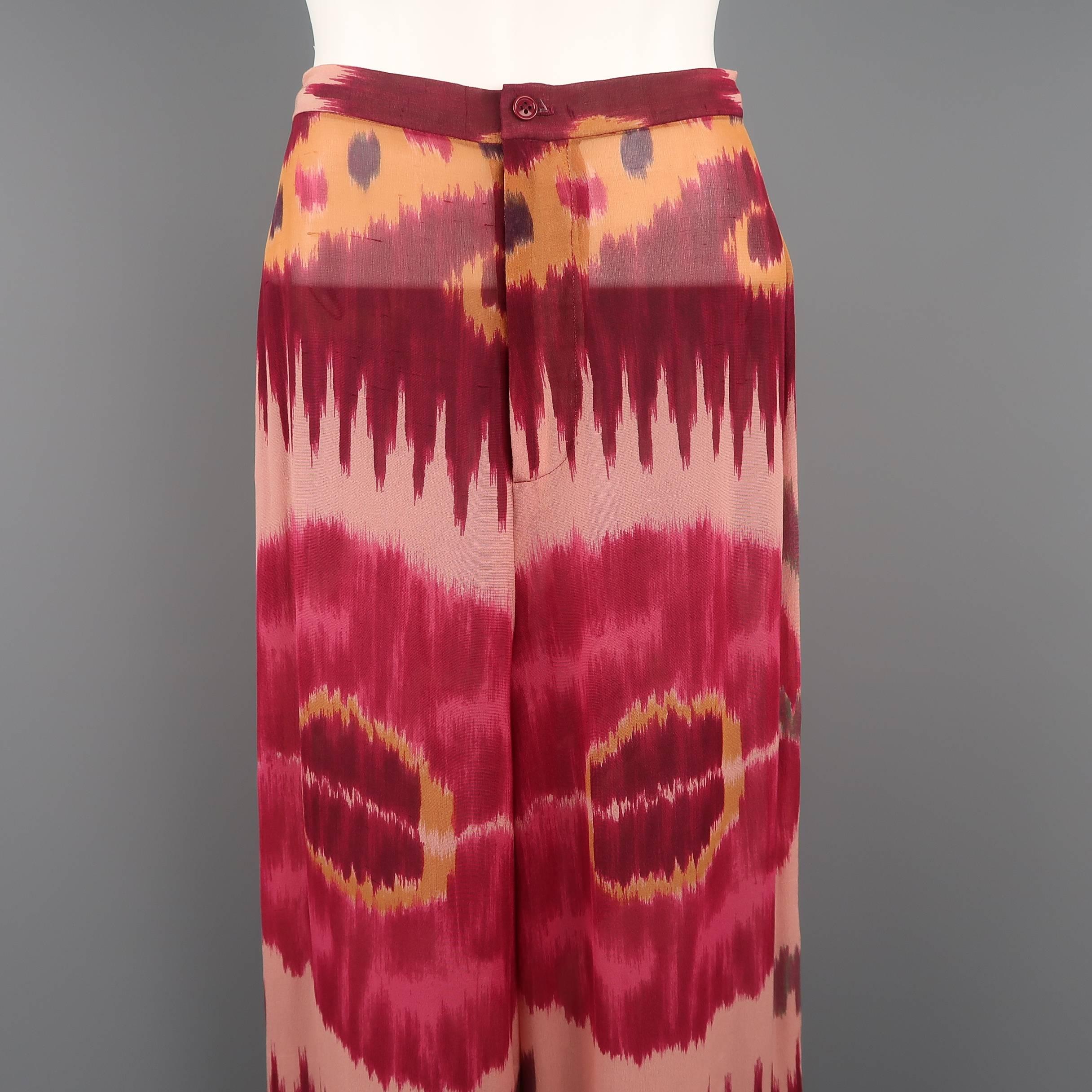 RALPH LAUREN COLLECTION trousers come in pink ikat print silk chiffon with hues of burgundy and orange with extreme wide legs.
 
Good Pre-Owned Condition.
Marked: 8
 
Measurements:
 
Waist: 28 in.
Rise: 13 in.
Inseam: 29 in.
Leg Opening: 27 in.
