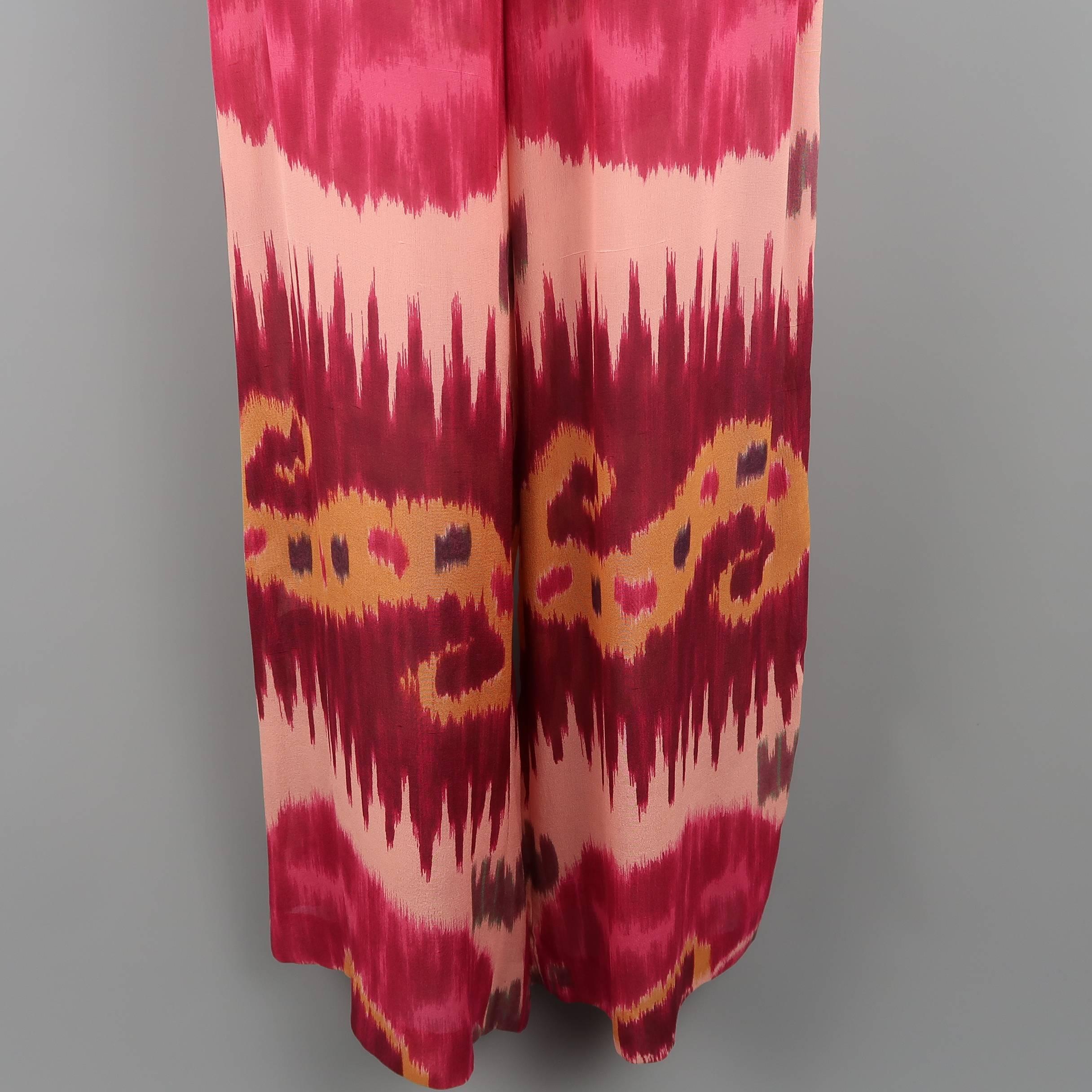 Red RALPH LAUREN Size 8 Pink & Burgundy Ikate Print Silk Chiffon Wide Leg Pants
