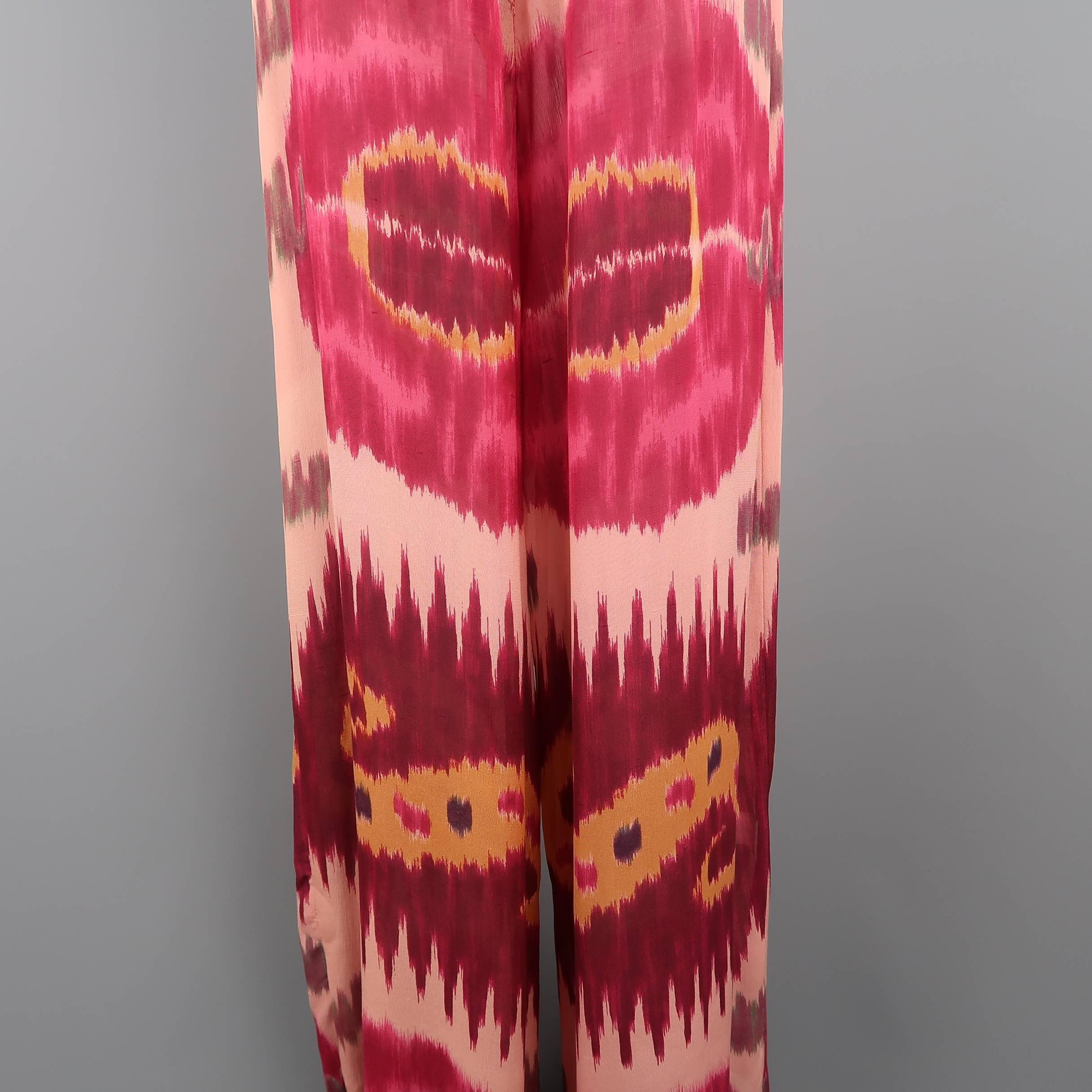 RALPH LAUREN Size 8 Pink & Burgundy Ikate Print Silk Chiffon Wide Leg Pants 1