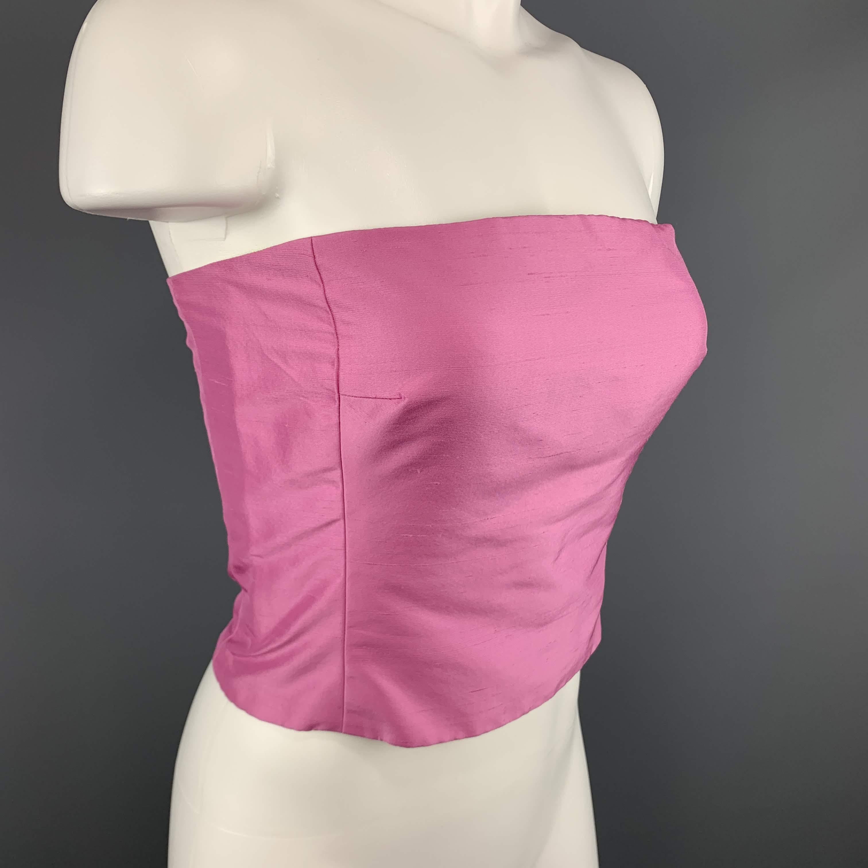 BLACK LABEL by RALPH LAUREN cropped bustier dress top comes in pink silk Shantung with a side zip and lime green liner. Made in USA.
 
Excellent Pre-Owned Condition.
Marked: 8
 
Measurements:
 
Bust: 34 in.
Length: 11 in.