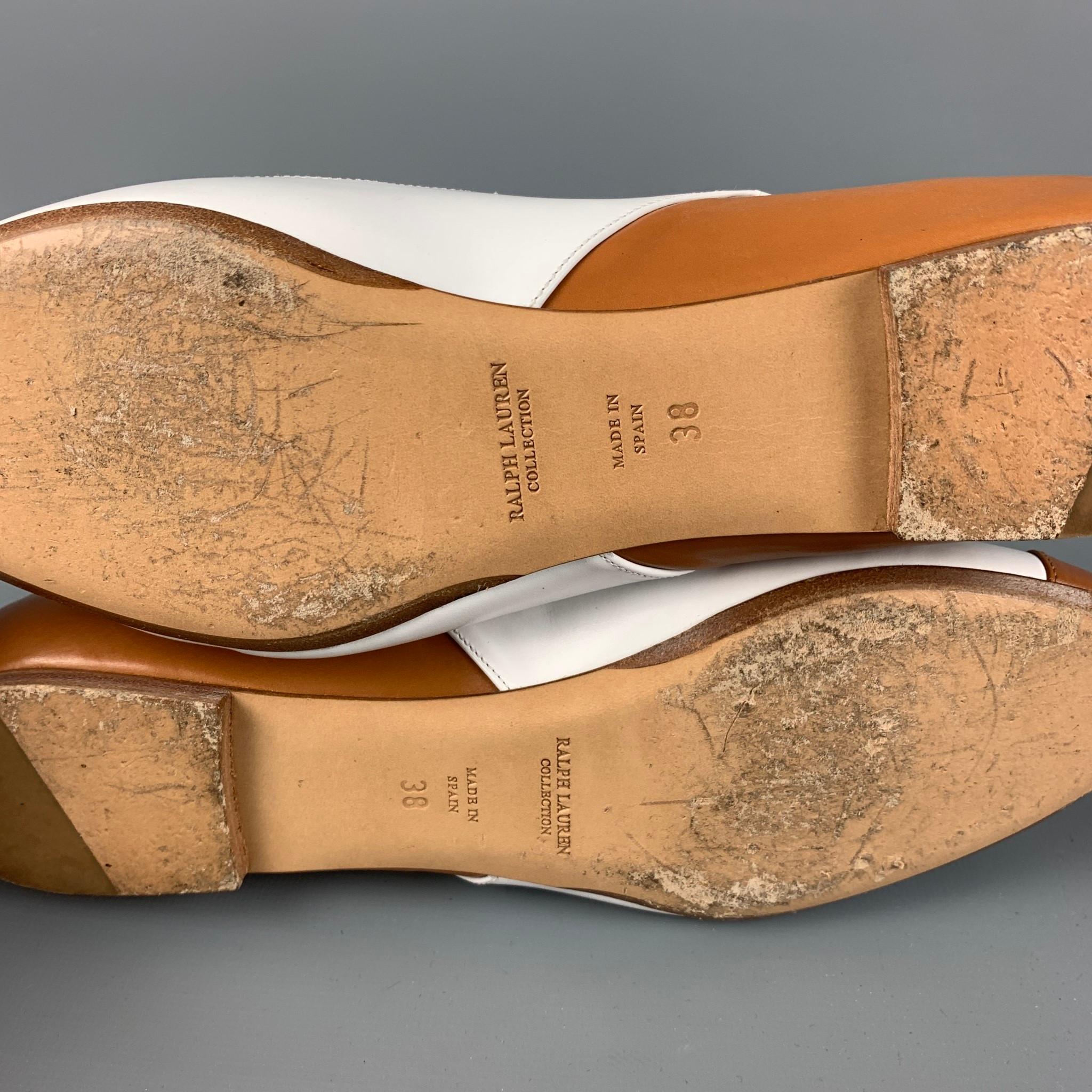 RALPH LAUREN Size 8 Tan White Leather Cap Toe Flats In Good Condition In San Francisco, CA