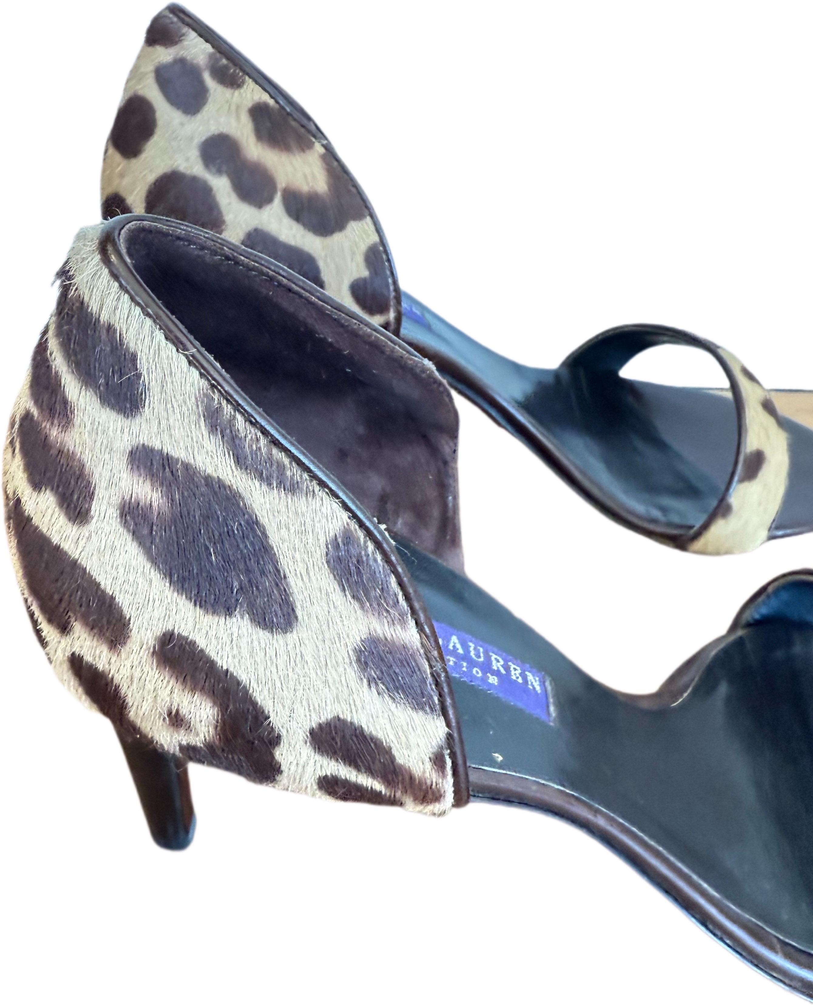 Ralph Lauren Größe 8,5 1990er 90er 2000er Leopard Print Kalb Haar hochhackige Sandalen (Schwarz) im Angebot