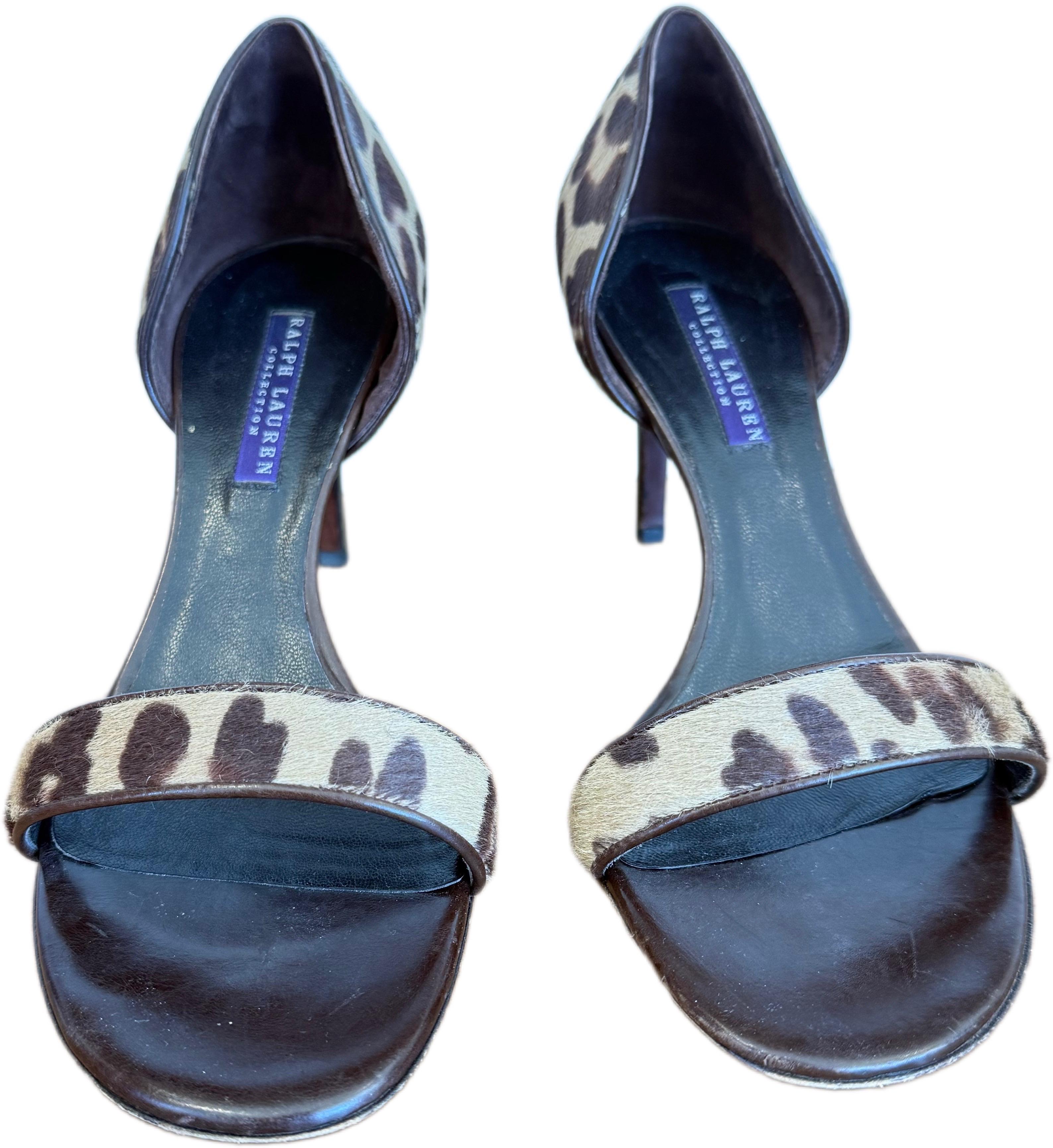 Ralph Lauren Größe 8,5 1990er 90er 2000er Leopard Print Kalb Haar hochhackige Sandalen im Zustand „Hervorragend“ im Angebot in San Diego, CA