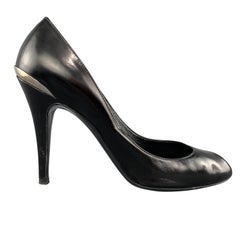 RALPH LAUREN Size 8.5 Black Leather Peep Toe Silver Detail Pumps