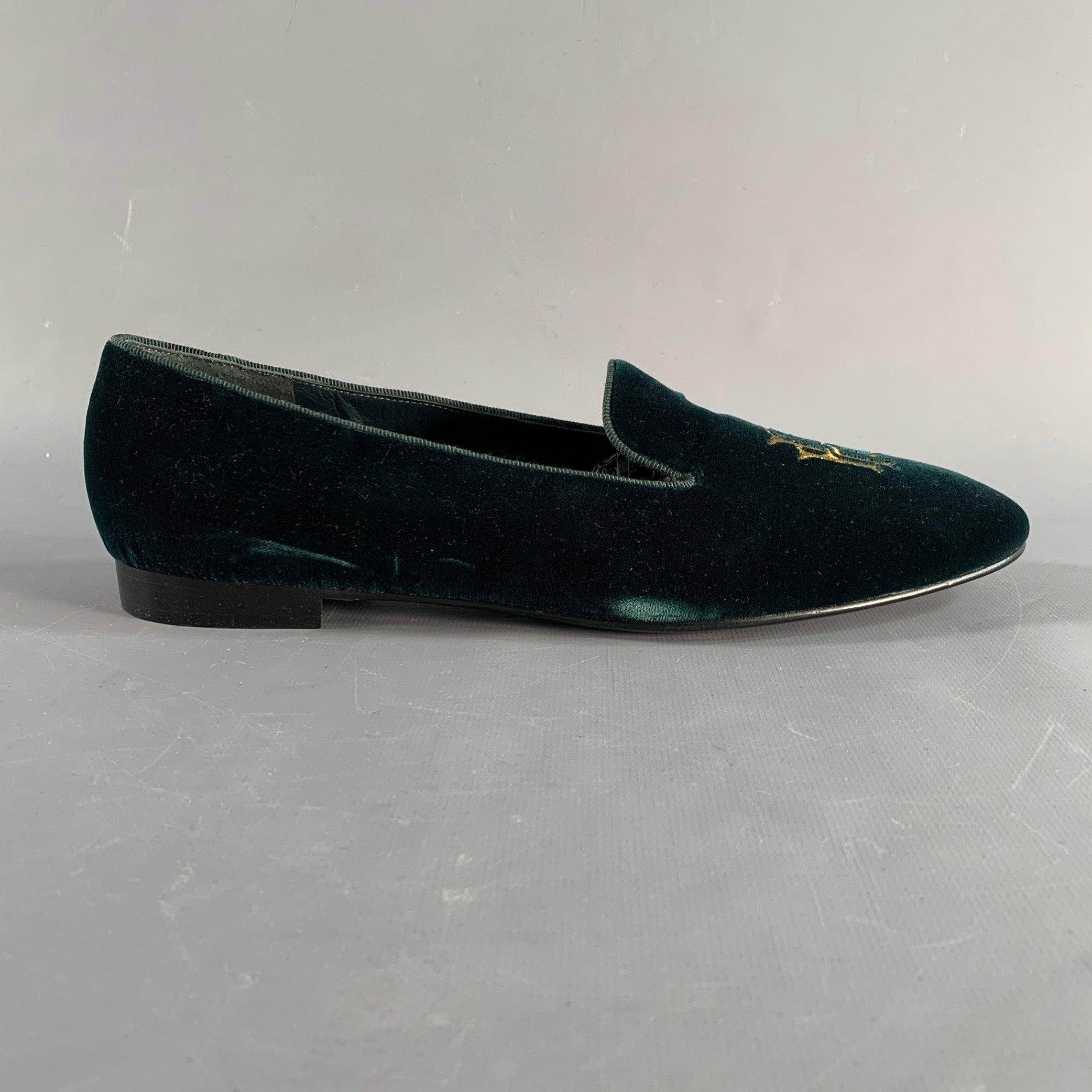 RALPH LAUREN COLLECTION loafers comes in a green monogram velvet featuring a slip on style, embroidered details, and a leather sole. Made in Italy. Excellent Pre-Owned Condition. 

Marked:   101367 8.5B 300Outsole: 10.75 inches  x 3.5 inches 
  
  
