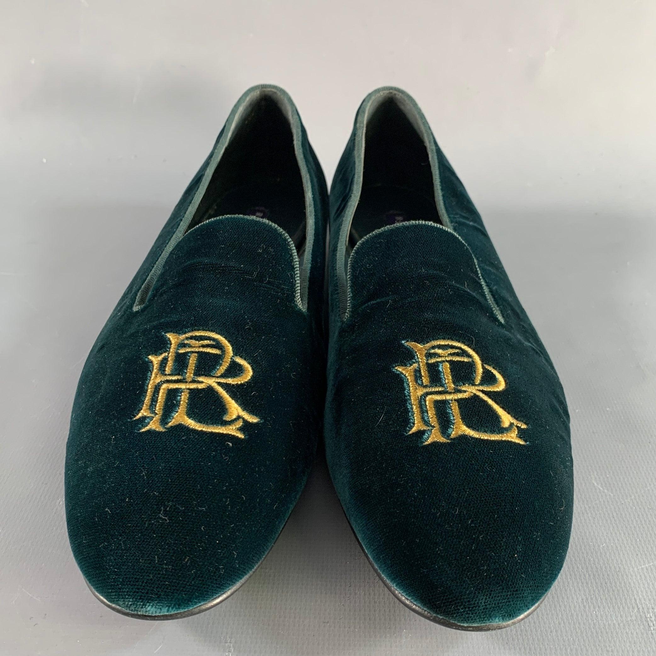 Women's RALPH LAUREN Size 8.5 Green Velvet Monogram Slip On Flats For Sale