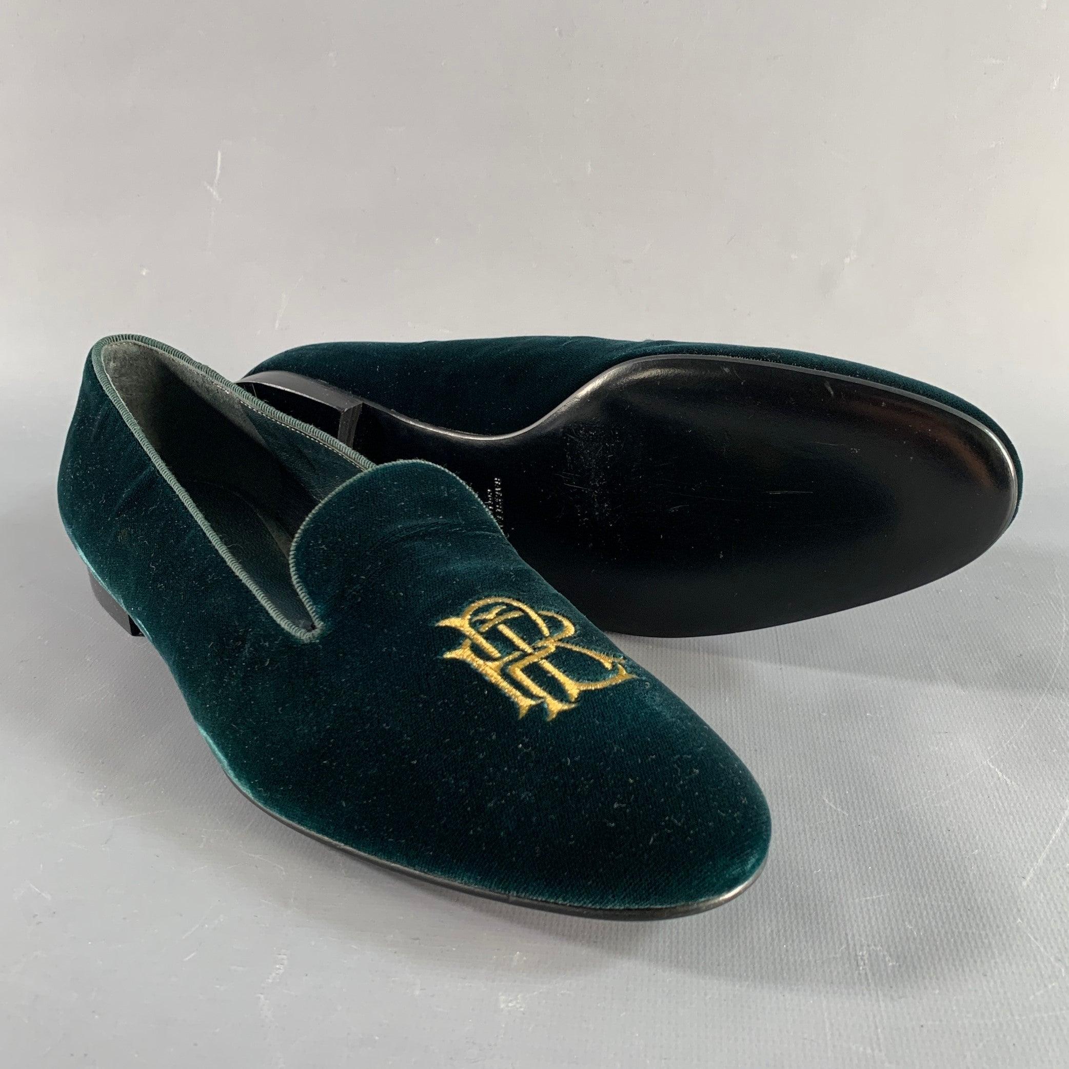 RALPH LAUREN Size 8.5 Green Velvet Monogram Slip On Flats For Sale 1