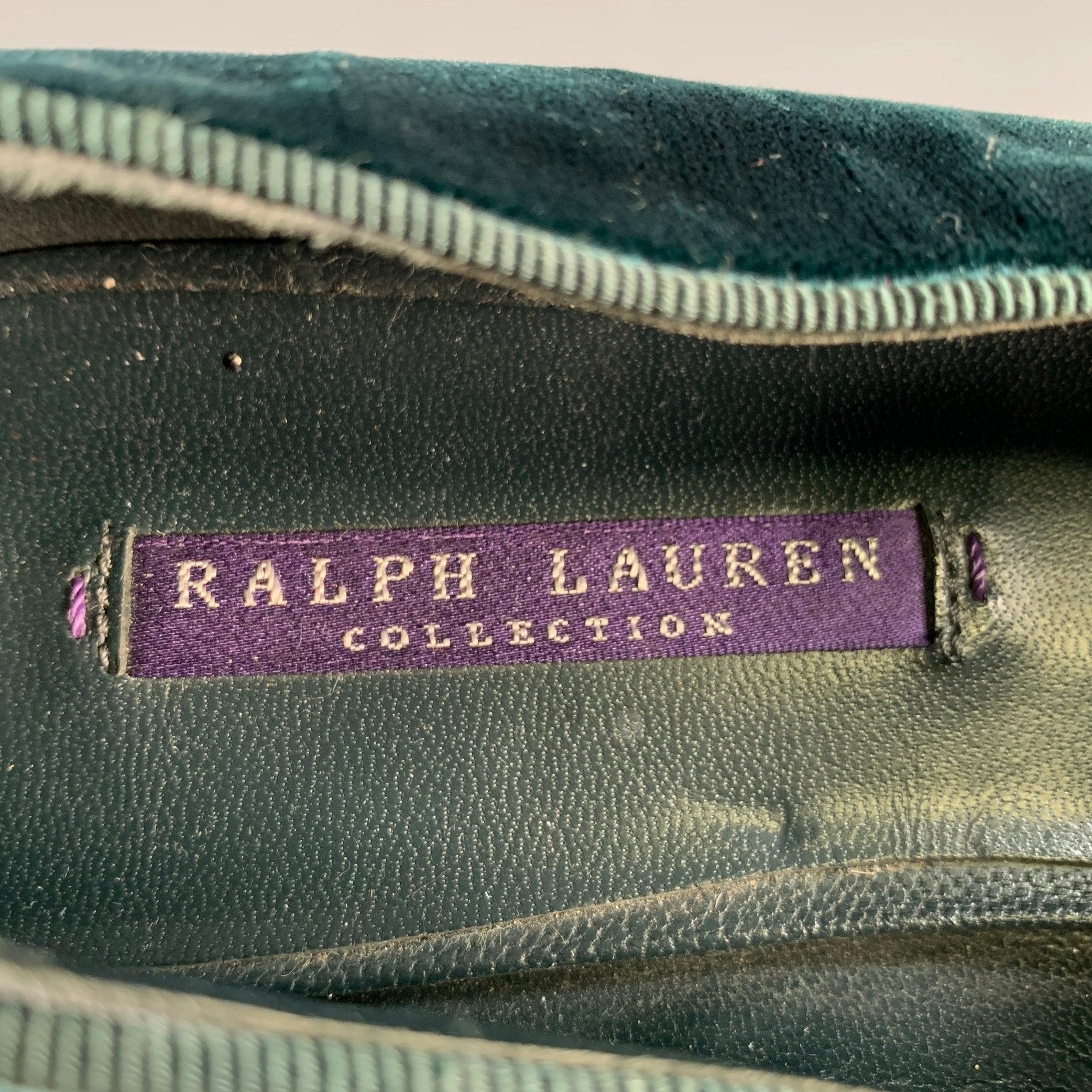 RALPH LAUREN Size 8.5 Green Velvet Monogram Slip On Flats For Sale 2