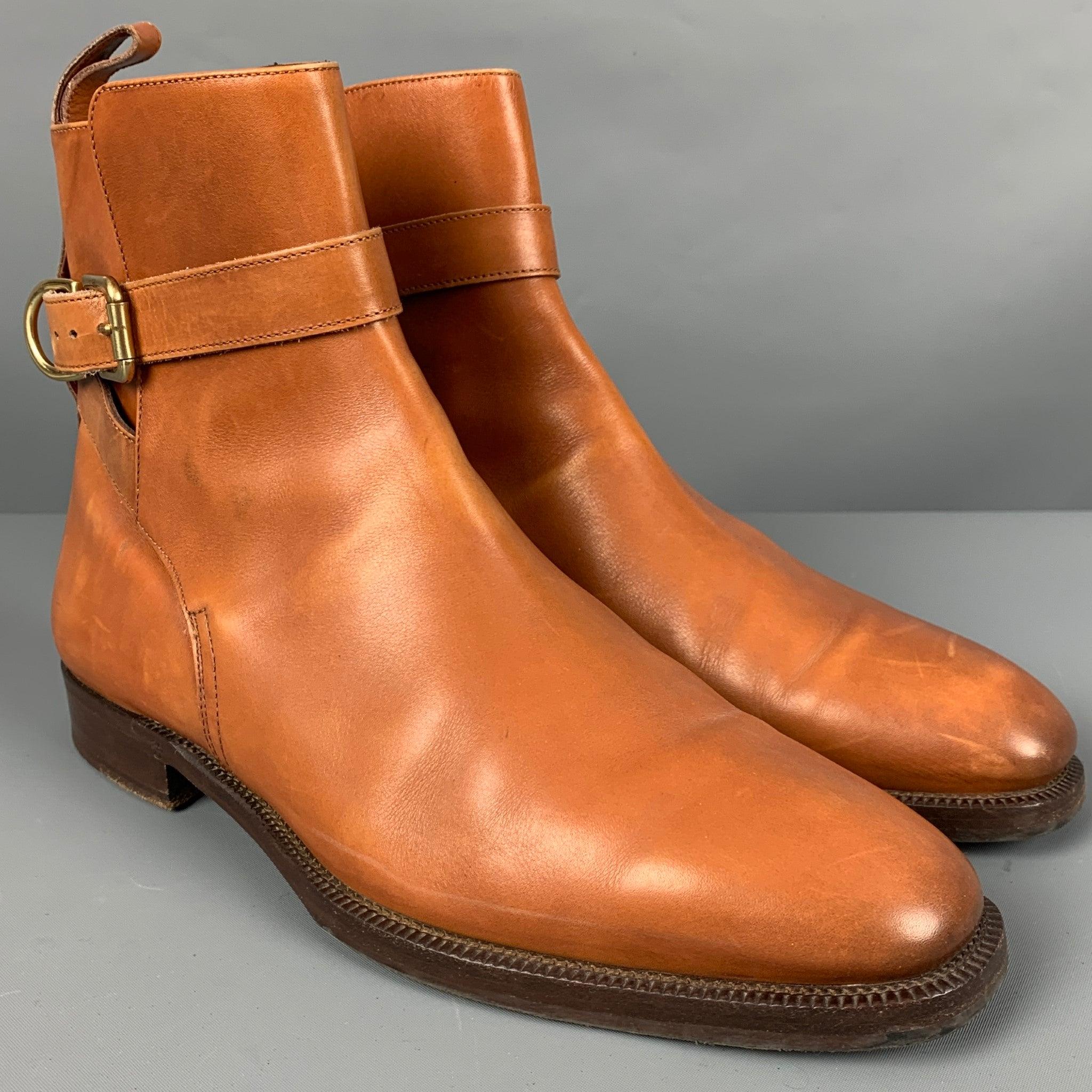 RALPH LAUREN boots in a camel leather featuring gold tone ankle strap. Made in Italy.Very Good Pre-Owned Condition. Minor signs of wear. 

Marked:   8 15083286236 9E 

Measurements: 
  Length: 11.25 inches Width: 4 inches Height: 8 inches 
  
  
