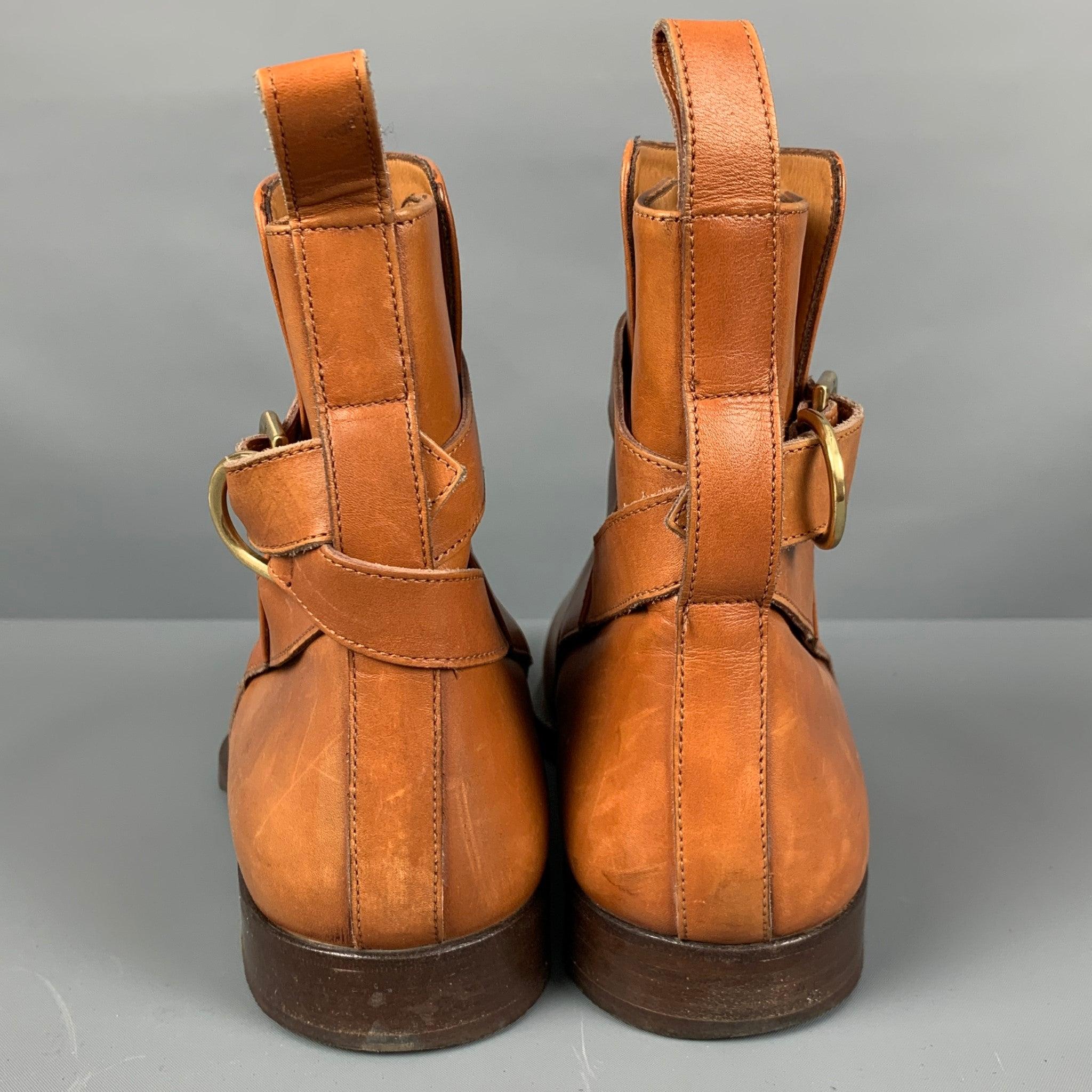 RALPH LAUREN Size 9 Camel Leather Ankle Strap Boots In Good Condition For Sale In San Francisco, CA