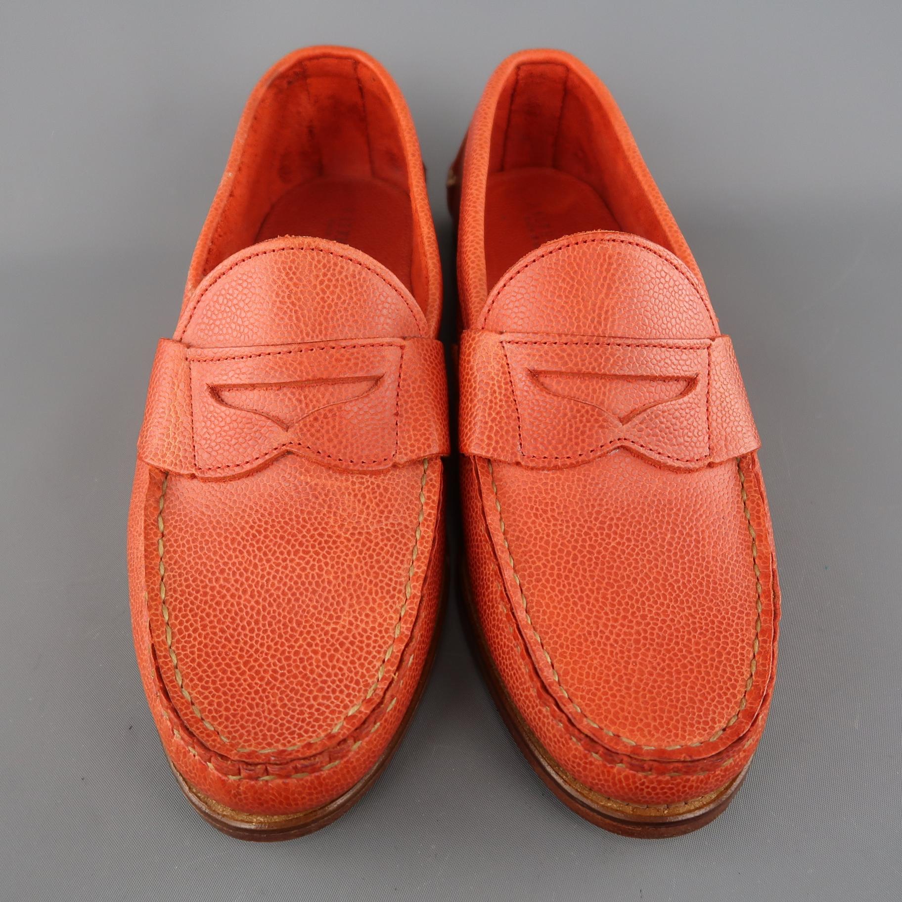 RALPH LAUREN Size 9 Orange Pebbled Leather Slip On Penny Loafers 1
