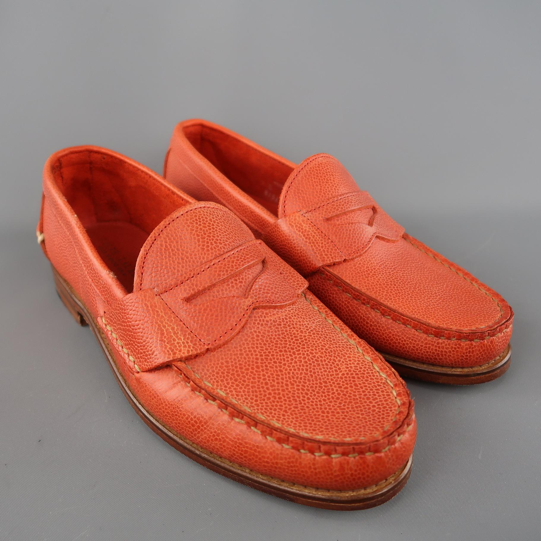 RALPH LAUREN Size 9 Orange Pebbled Leather Slip On Penny Loafers 2