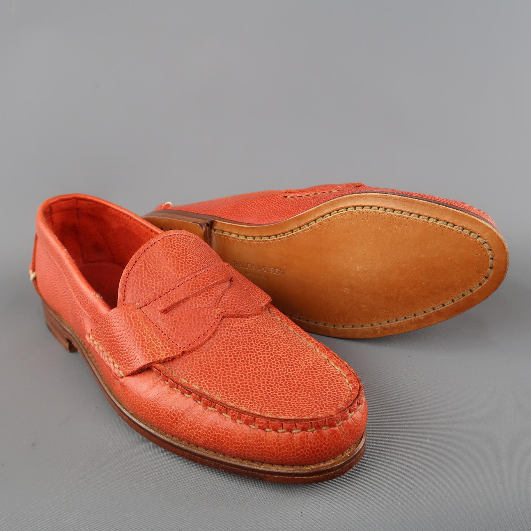 RALPH LAUREN Size 9 Orange Pebbled Leather Slip On Penny Loafers 3