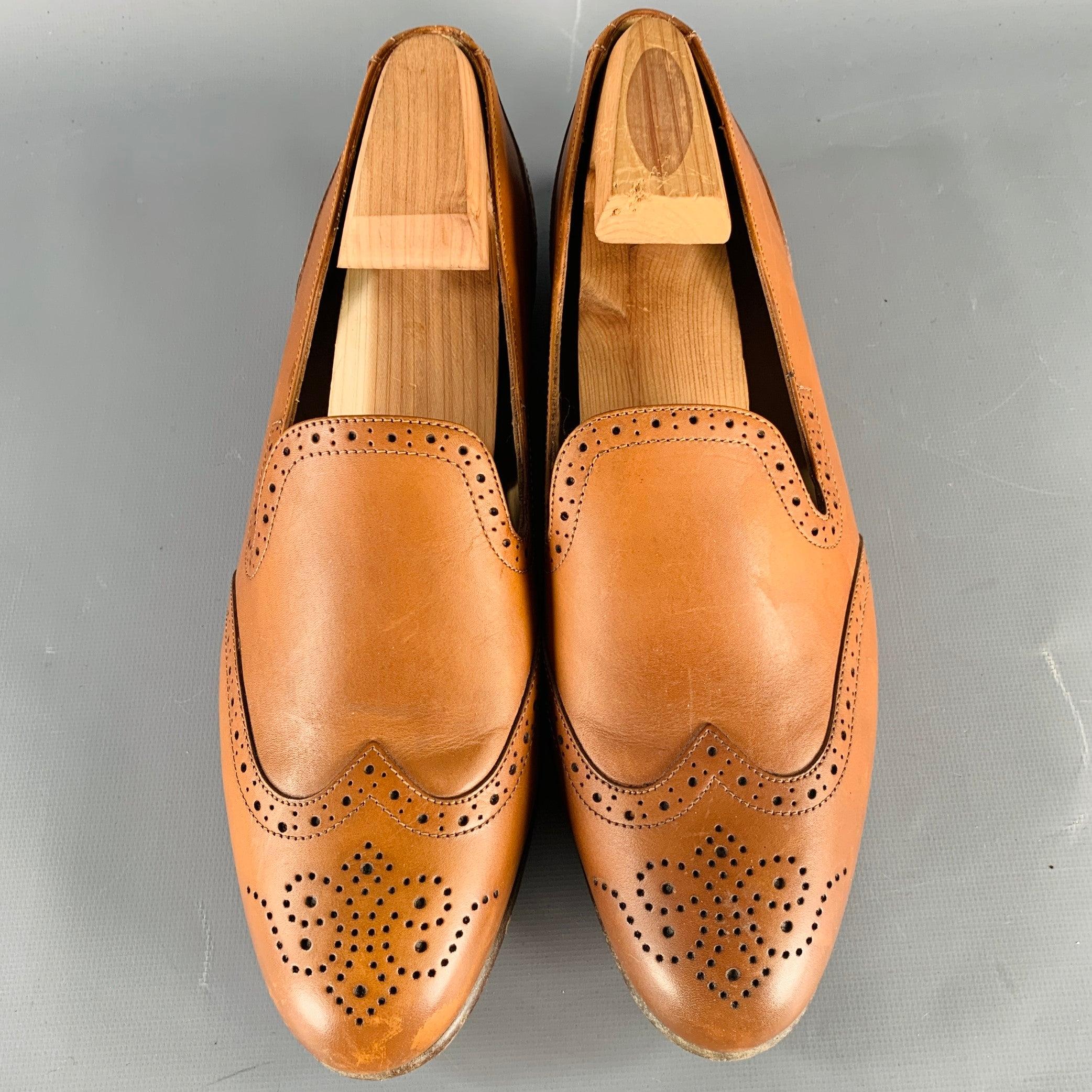 RALPH LAUREN Size 9 Tan Leather Perforated Wingtip Loafers Flats In Good Condition For Sale In San Francisco, CA