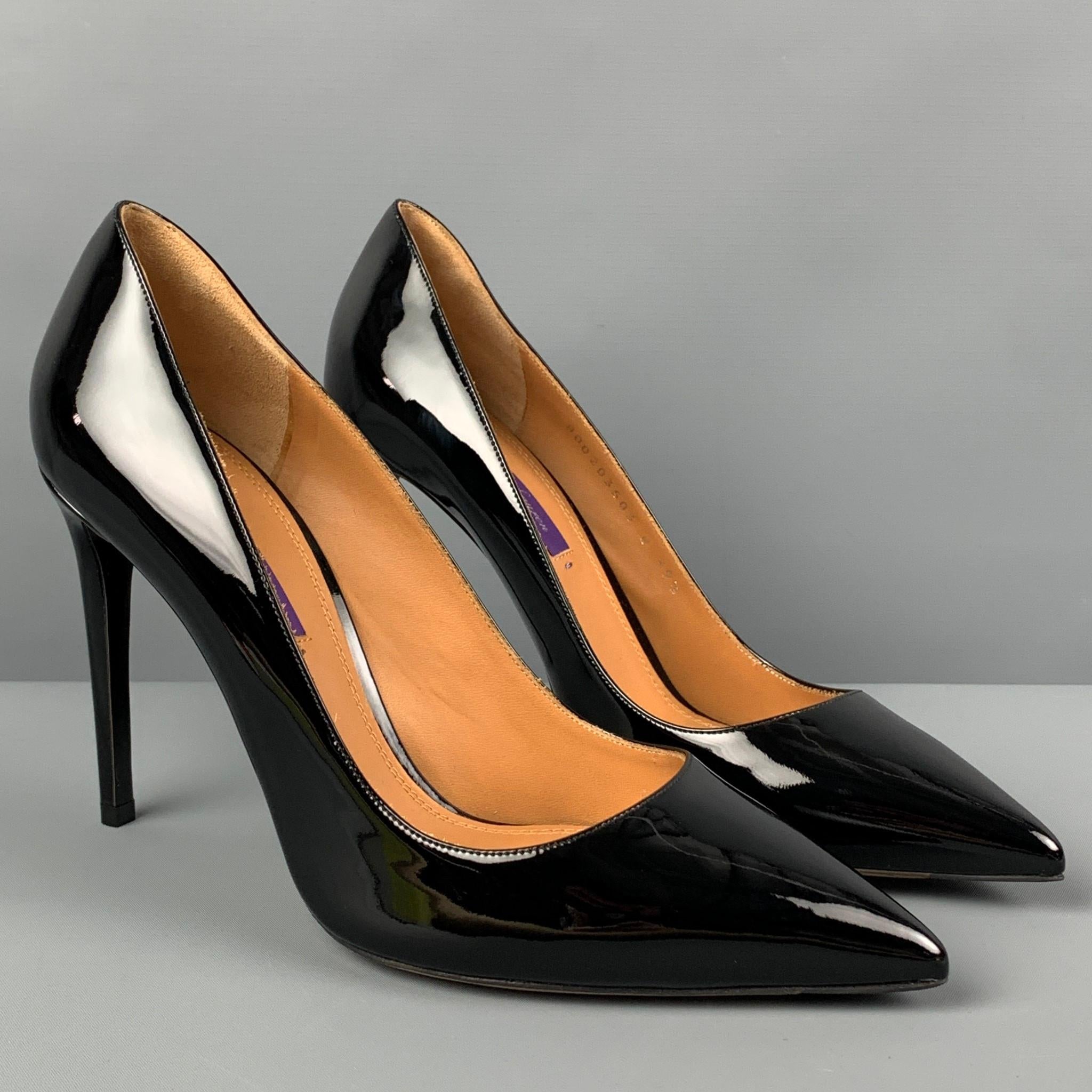 RALPH LAUREN Collection 'Celia' pumps comes in a black patent leather featuring a pointed toe and a stiletto heel. Made in Italy. 

New With Box. 
Marked: 39.5 B
Original Retail Price: $675.00

Measurements:

Heel: 4.25 in. 