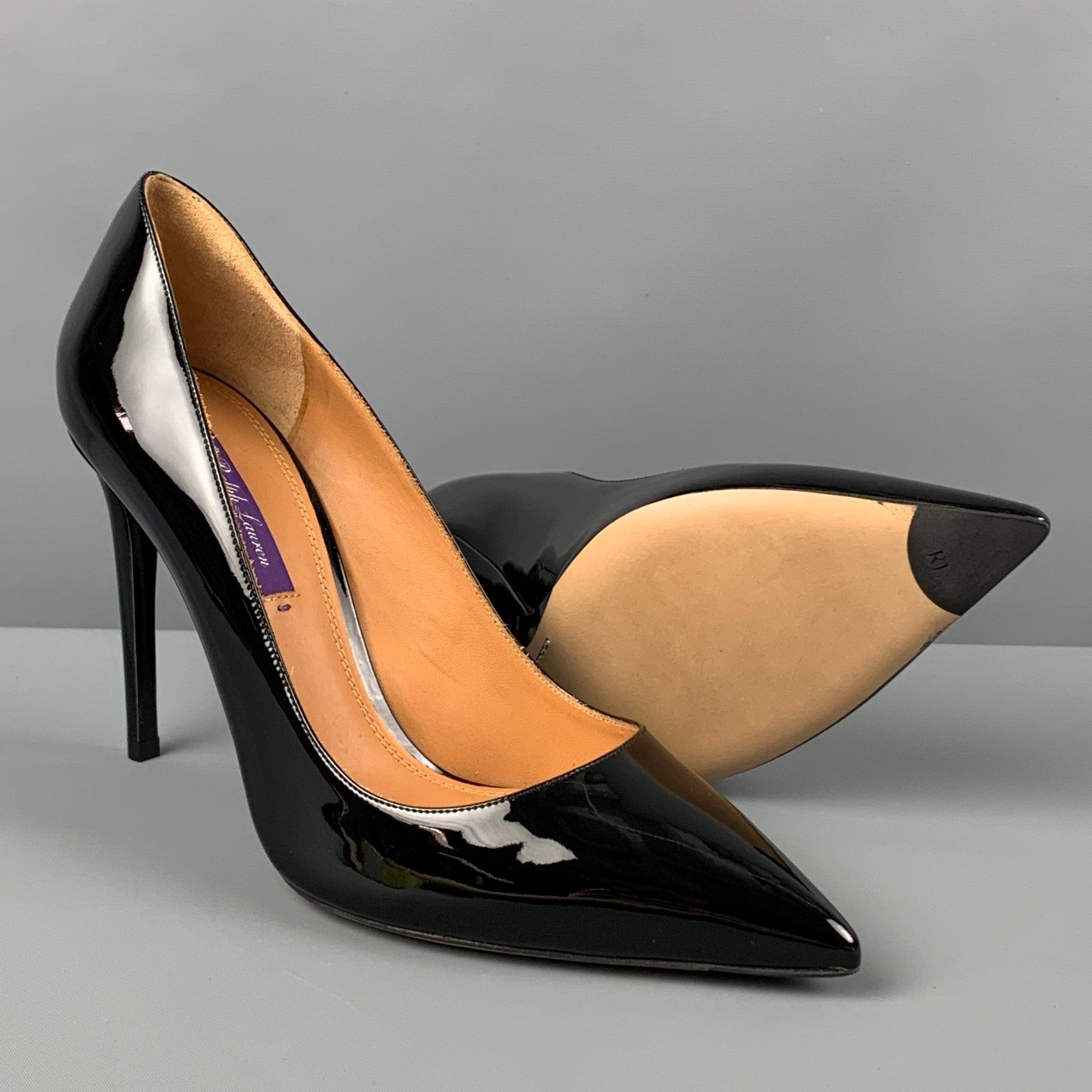 RALPH LAUREN Size 9.5 Black Leather Patent Leather Stiletto Celia Pumps In Good Condition For Sale In San Francisco, CA