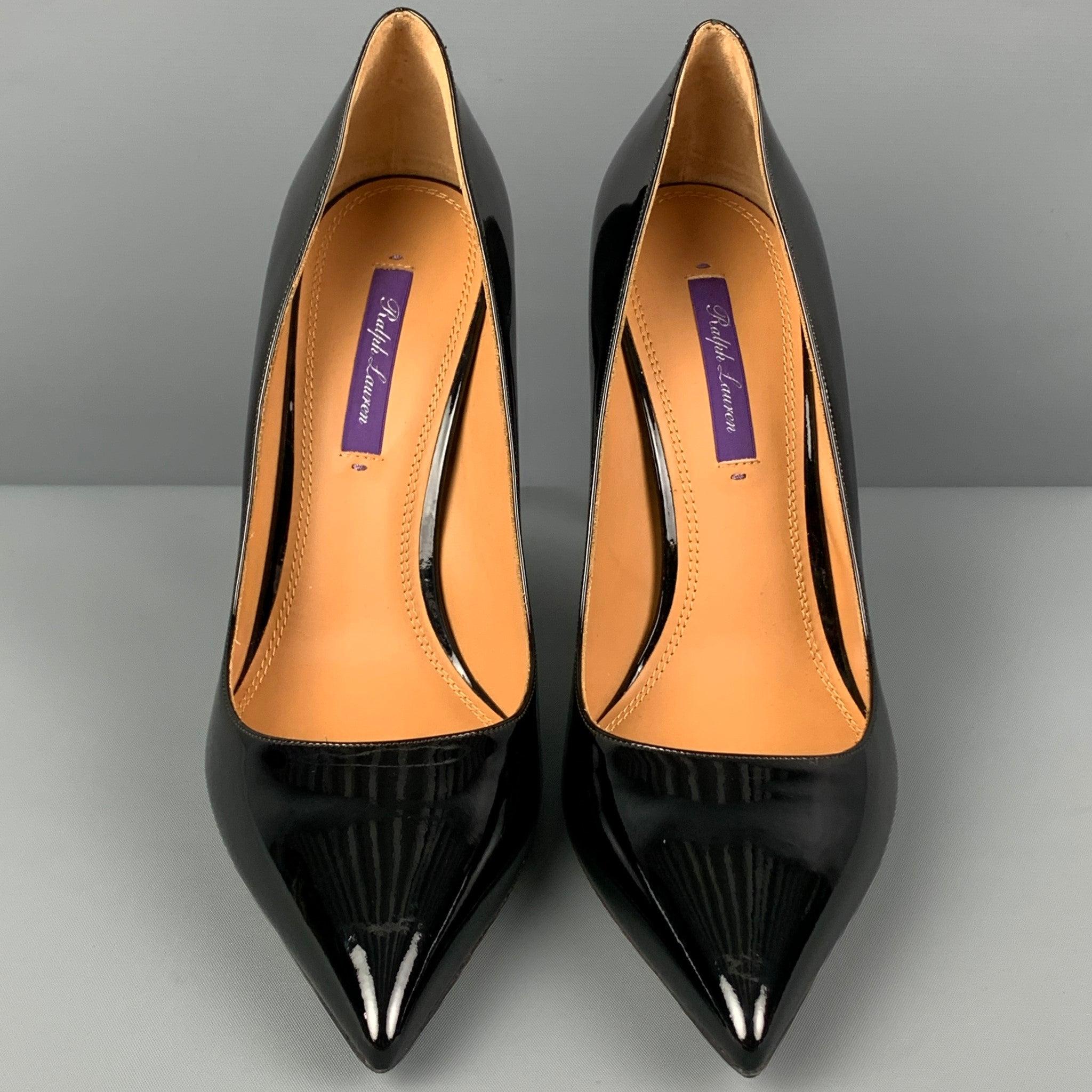 Women's RALPH LAUREN Size 9.5 Black Leather Patent Leather Stiletto Celia Pumps For Sale