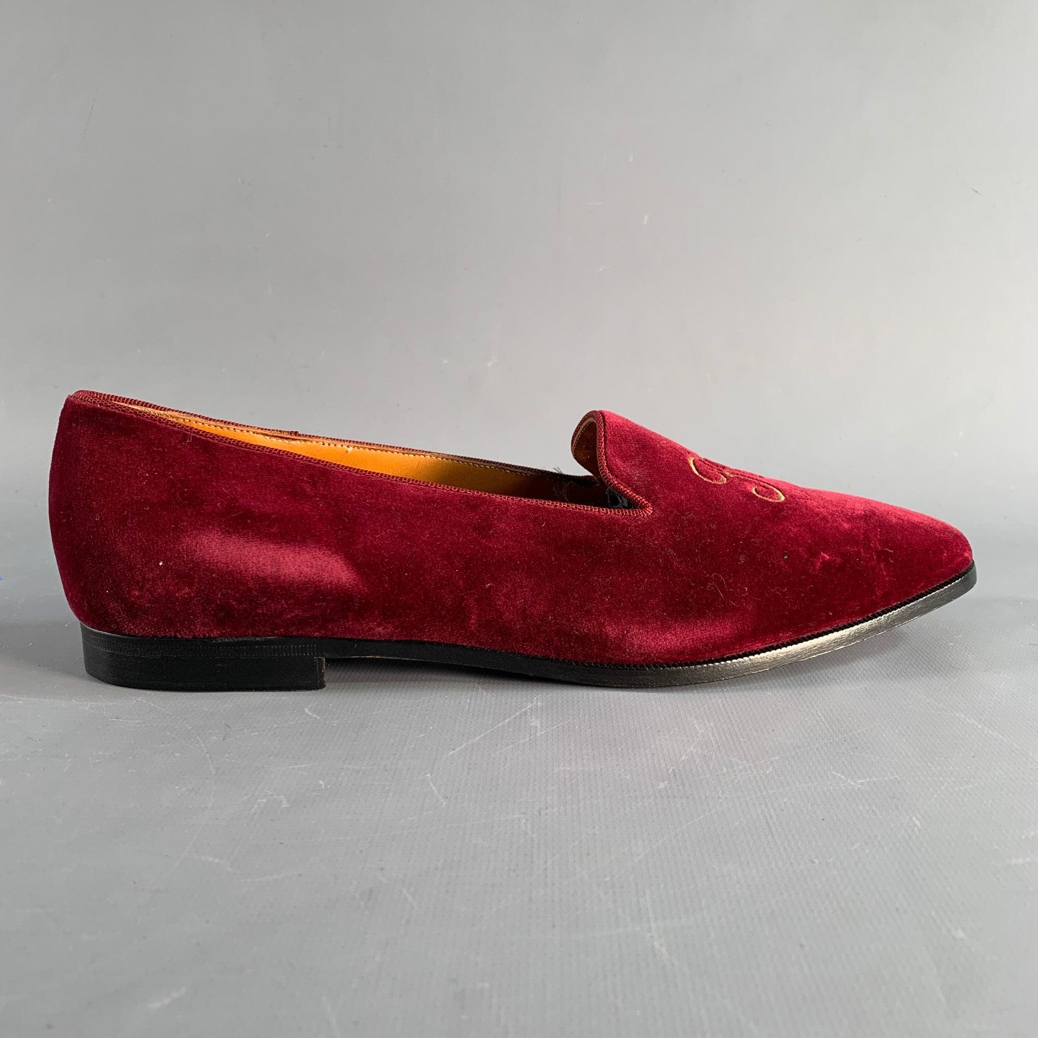 RALPH LAUREN COLLECTION loafers comes in a burgundy monogram velvet featuring a slip on style, embroidered details, and a leather sole. Made in Italy. Excellent Pre-Owned Condition. 

Marked:   RL 1204135Outsole: 11 inches  x 3.5 inches 

  
  
