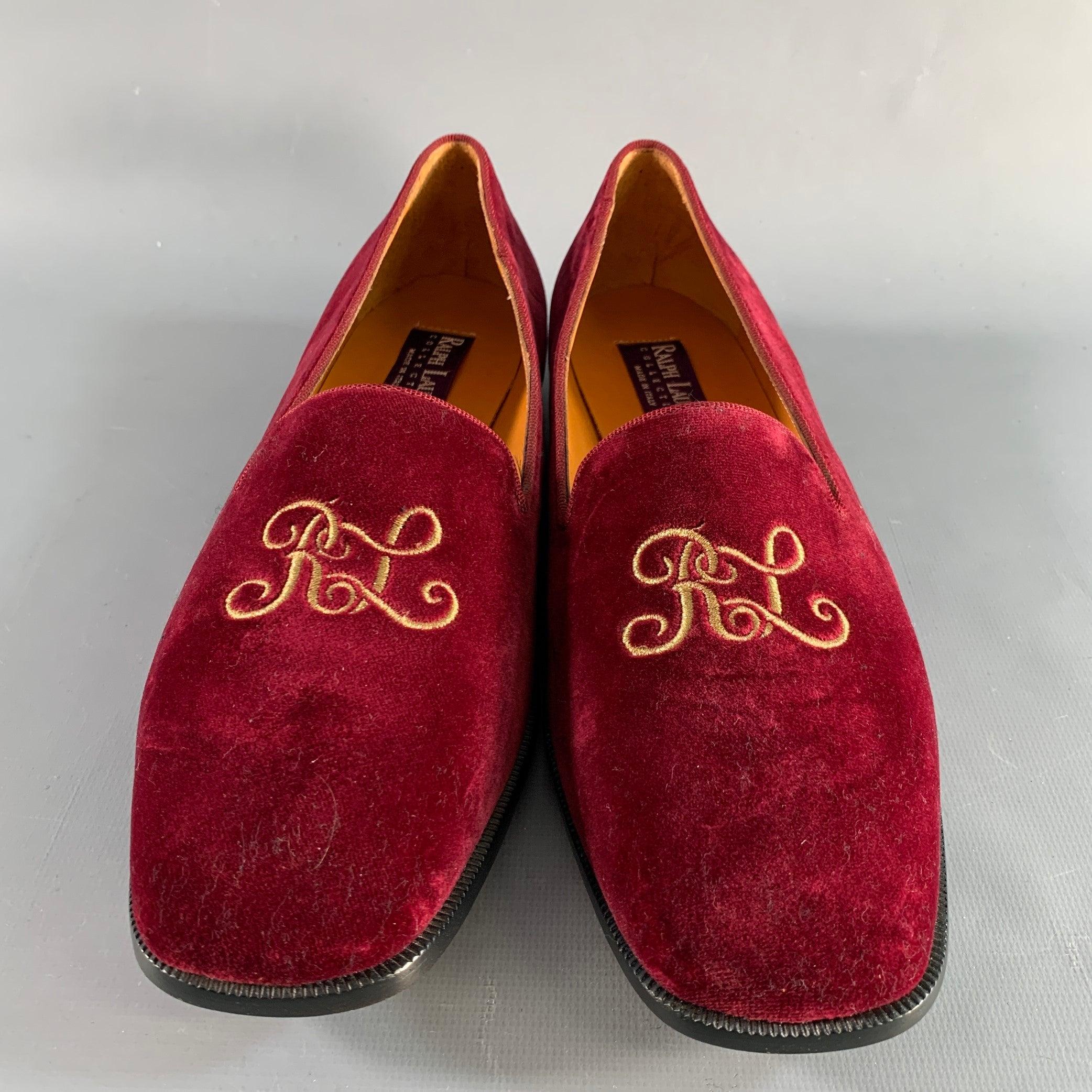 Women's RALPH LAUREN Size 9.5 Burgundy Velvet Monogram Slip On Flats For Sale