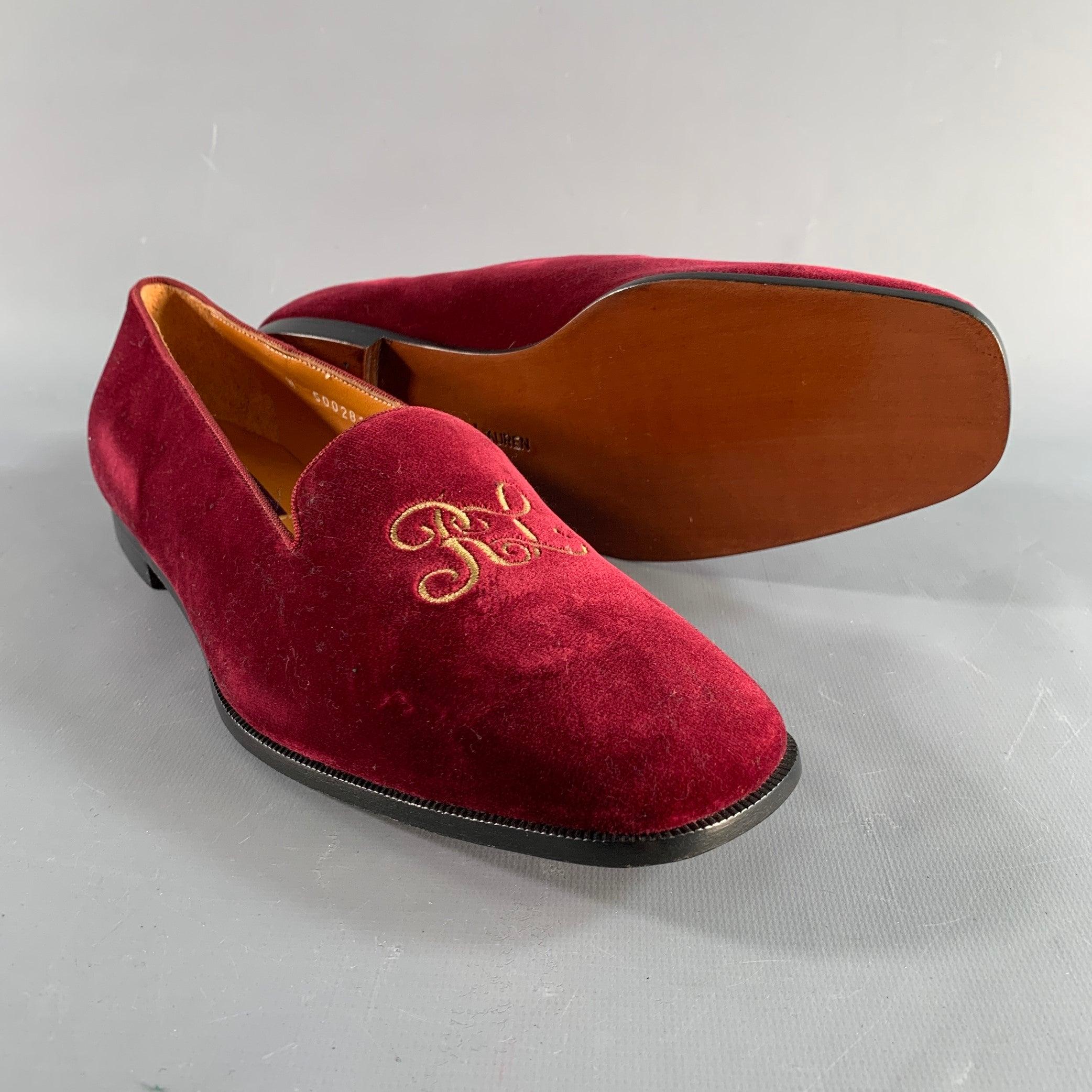 RALPH LAUREN Size 9.5 Burgundy Velvet Monogram Slip On Flats For Sale 1