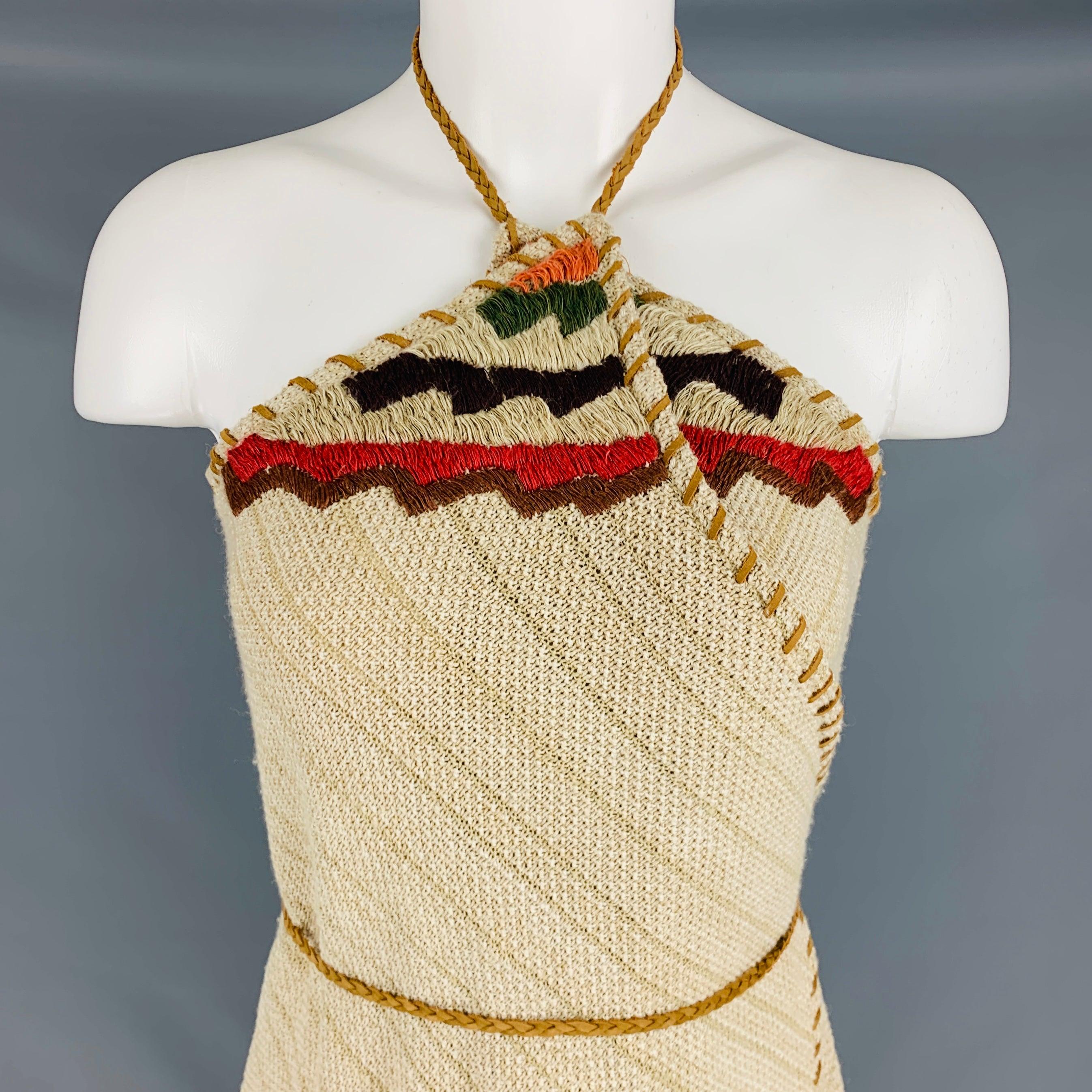 RALPH LAUREN dress
in a beige linen blend knit featuring Navajo leather trim, halter style, multi-color stripe pattern, and tie closure. This item comes as one large piece of fabric, which is then wrapped around the body for a variety of versatile