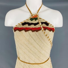 RALPH LAUREN Size L Beige Linen Blend Leather Trim Halter Wrap Dress