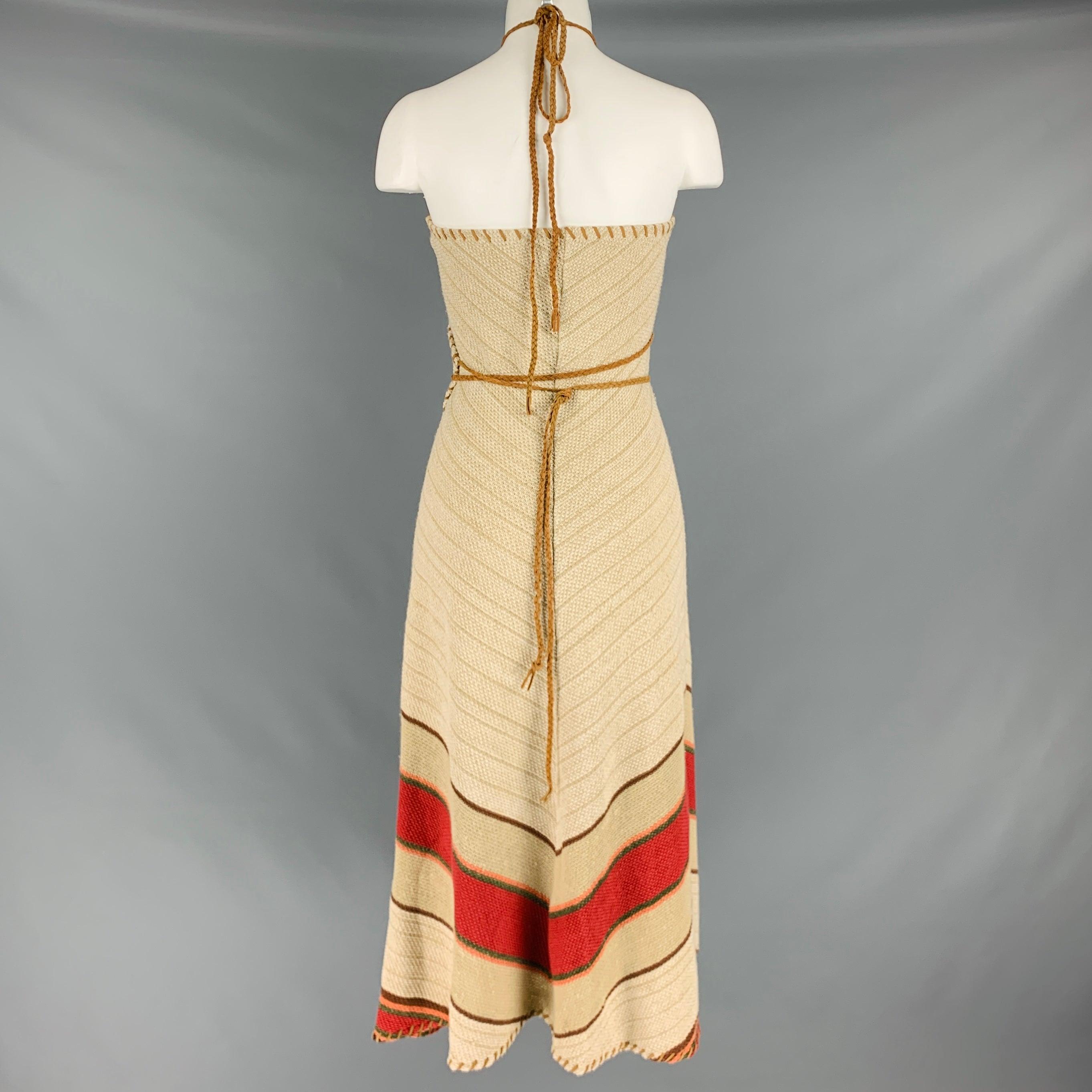 Women's RALPH LAUREN Size L Beige Linen Blend Leather Trim Halter Wrap Dress For Sale