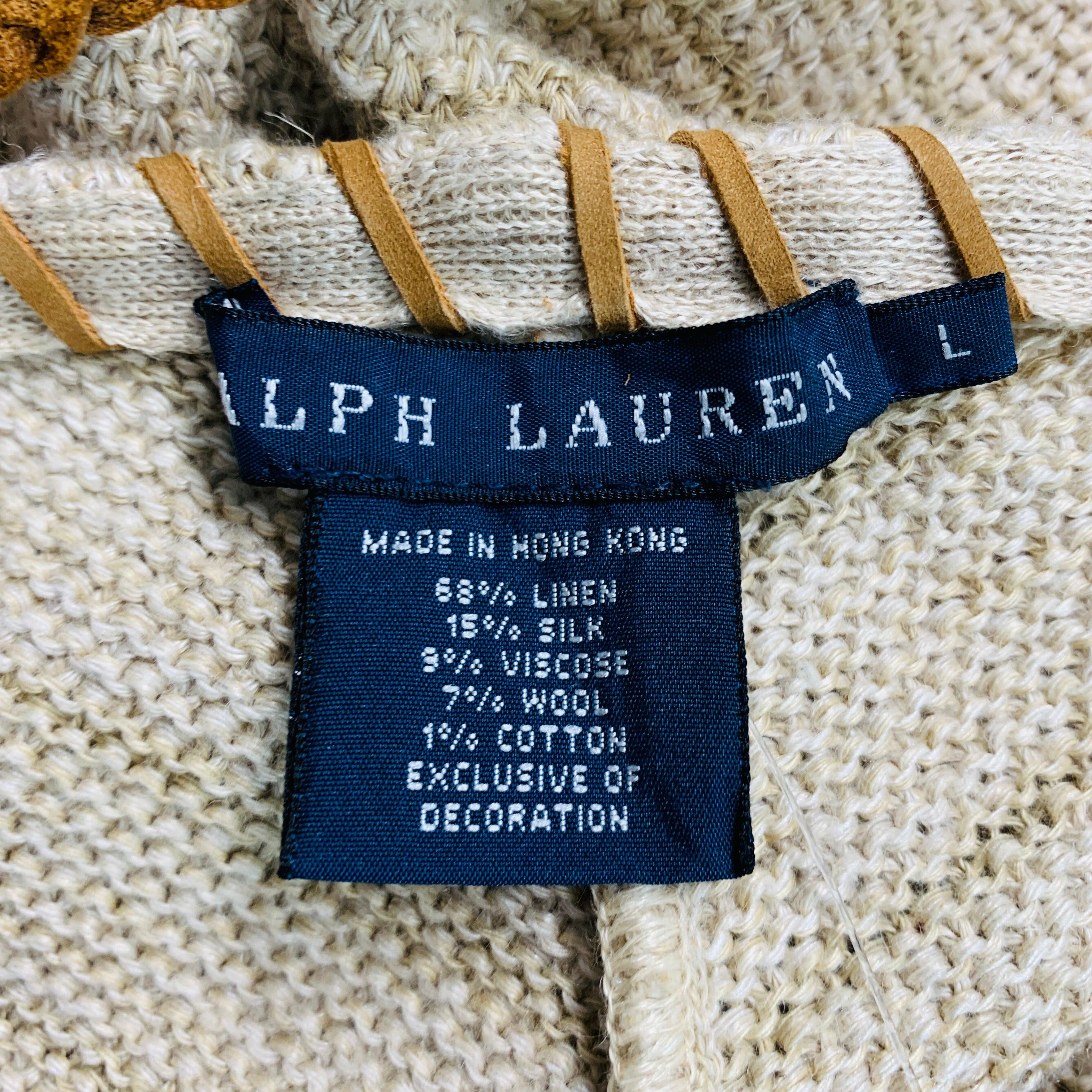 RALPH LAUREN Size L Beige Linen Blend Leather Trim Halter Wrap Dress For Sale 3
