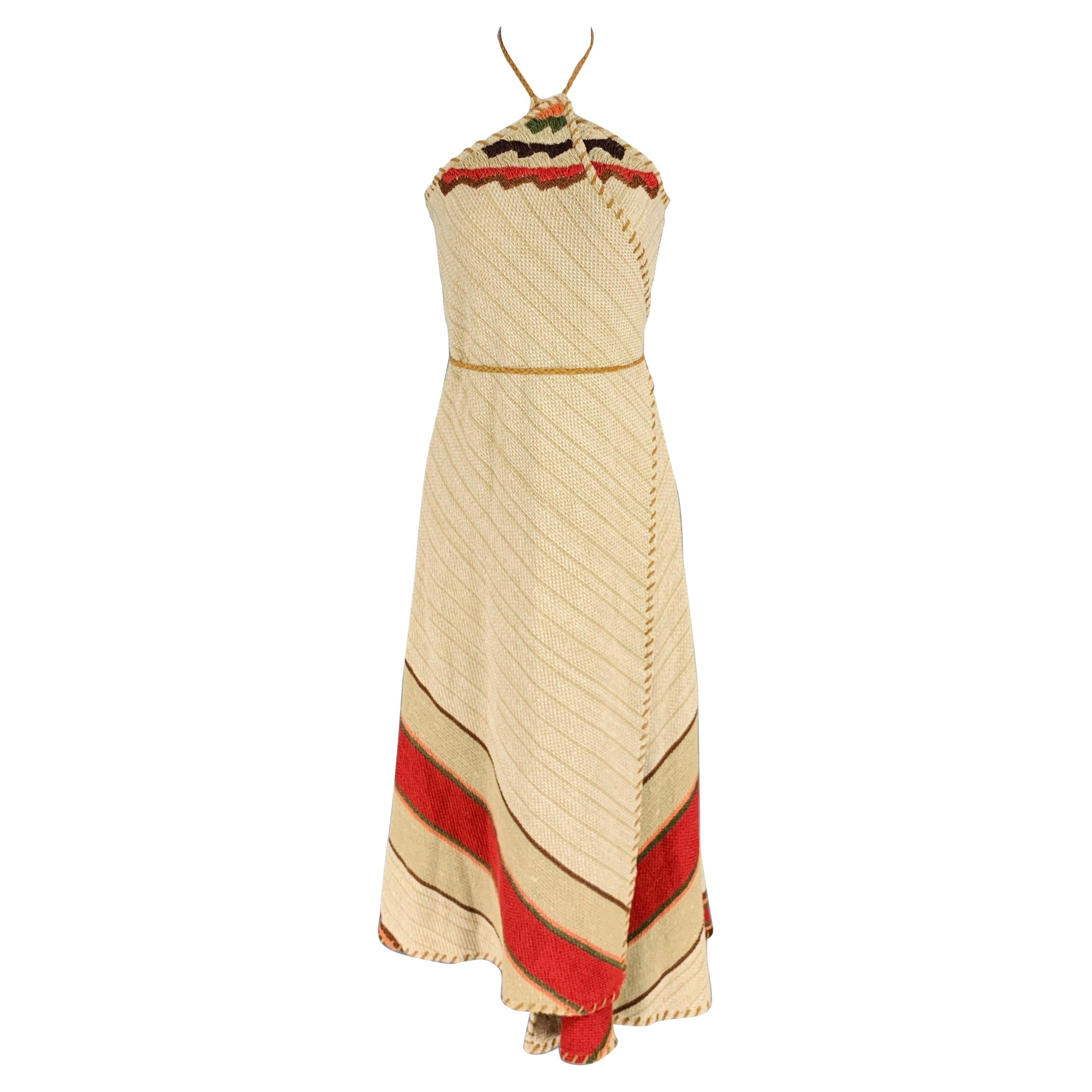 RALPH LAUREN Size L Beige Linen Blend Leather Trim Halter Wrap Dress