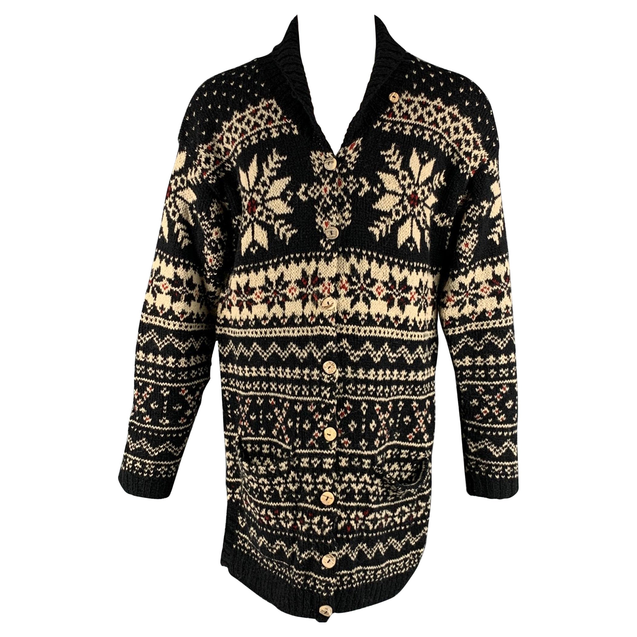 RALPH LAUREN Taille L Cardigan flocon de neige en laine noire crème et soie en vente