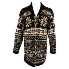 RALPH LAUREN Cardigan a fiocco di neve in lana e seta color crema nero taglia L