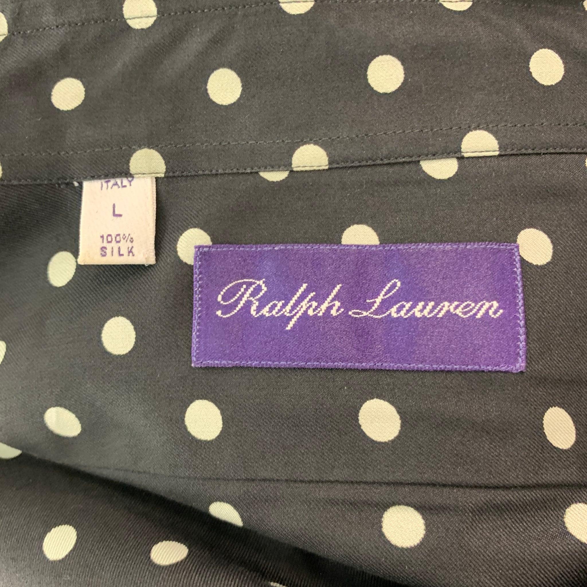 RALPH LAUREN Size L Black White Polka Dot Silk Button Up Long Sleeve Shirt For Sale 1