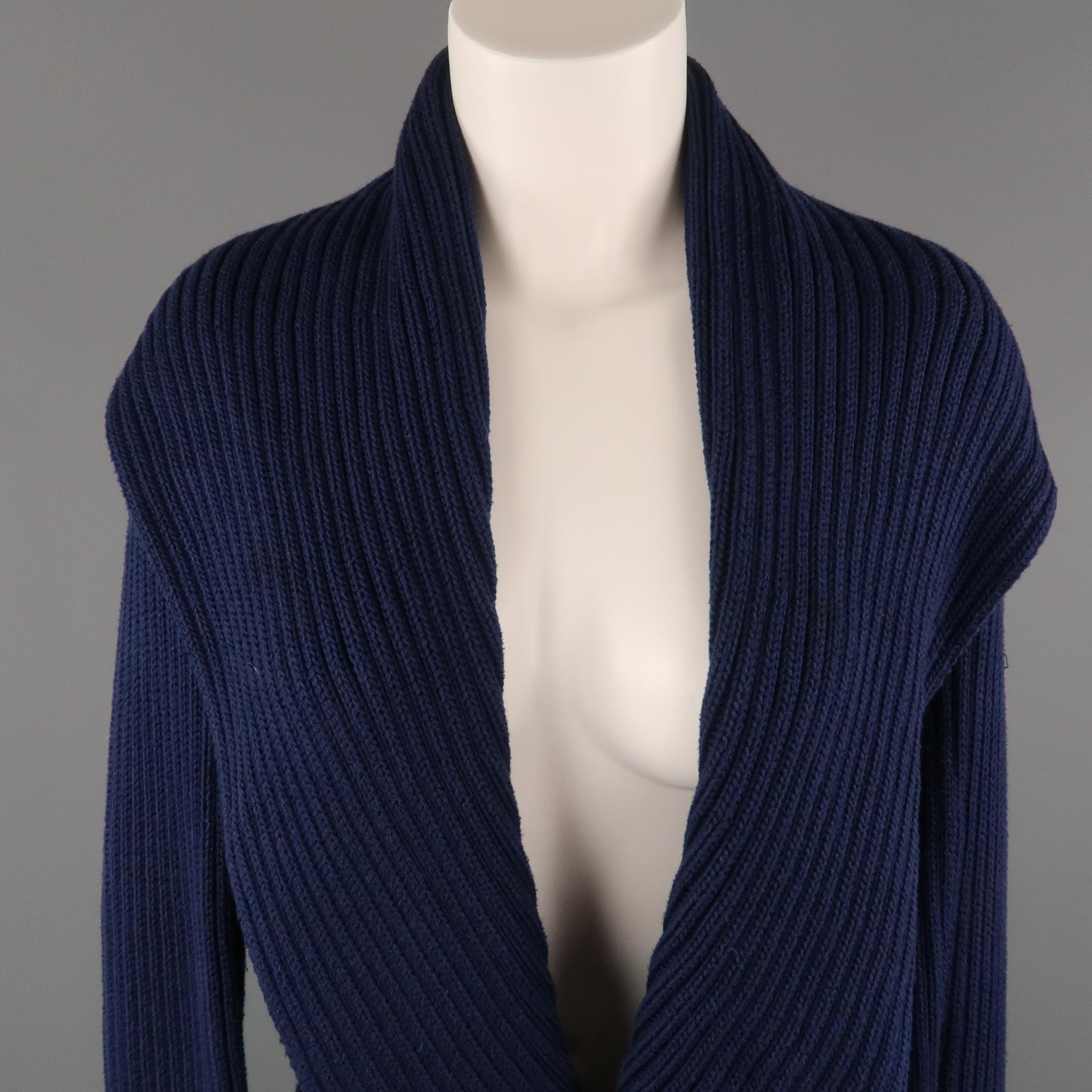 Black Label by RALPH LAUREN open front cardigan comes in blue mercerized cotton ribbed knit with an oversized shawl collar and slim sleeves.
 
Very Good Pre-Owned Condition.
Marked: L
 
Measurements:
 
Shoulder: 16 in.
Bust: 38 in.
Sleeve: 29