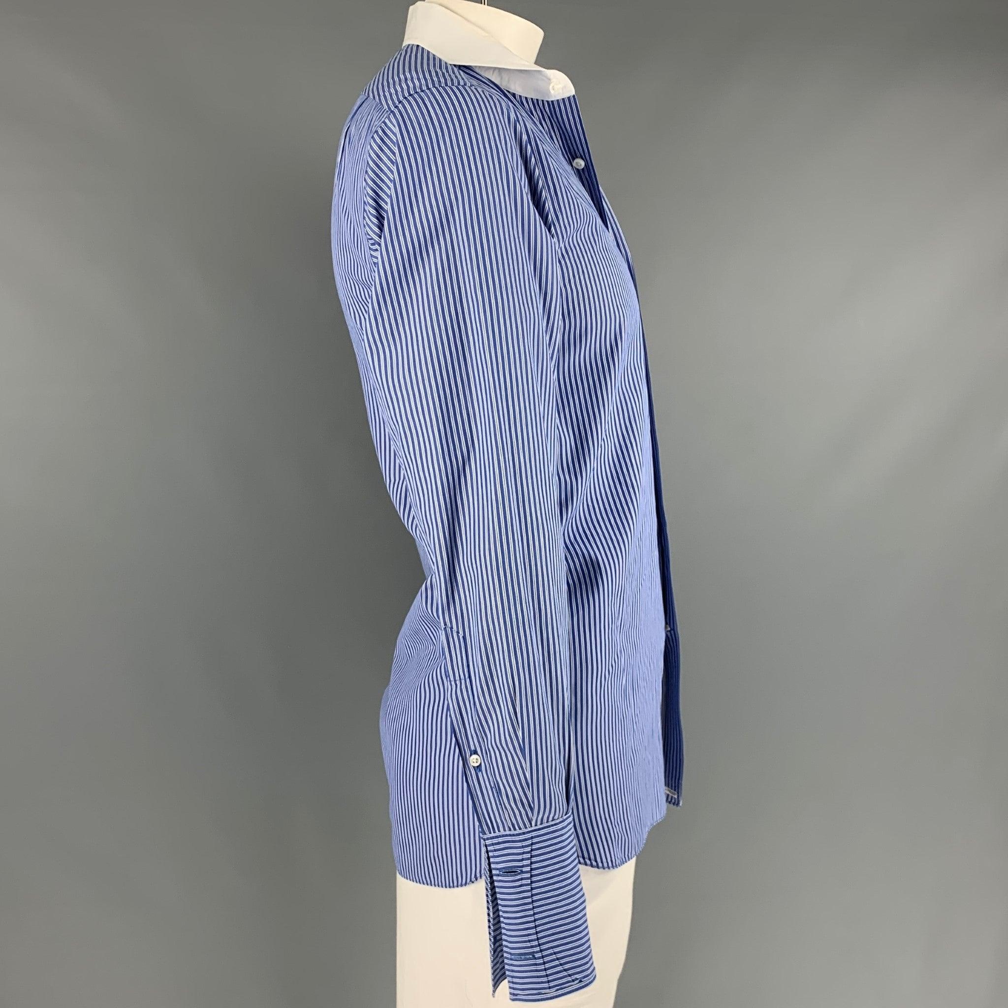 RALPH LAUREN PURPLE LABEL long sleeve shirt in a blue cotton fabric featuring white stripes, a white spread collar, and French cuffs. Made in Italy.Excellent Pre-Owned Condition. 

Marked:   16 

Measurements: 
 
Shoulder: 17 inches Chest: 41 inches