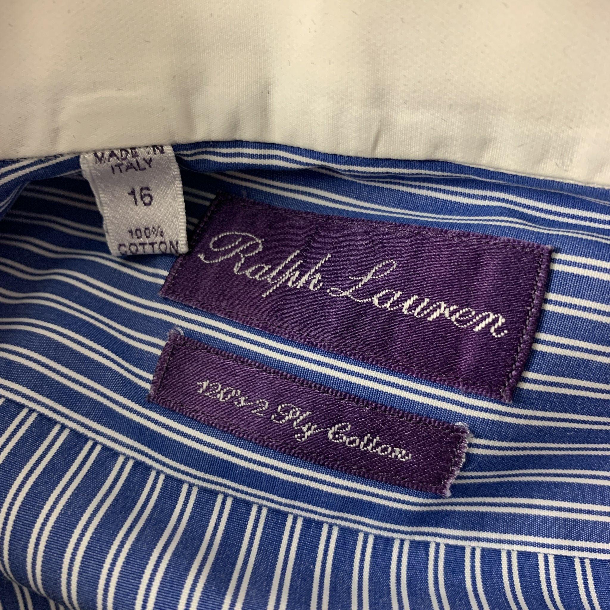 Men's RALPH LAUREN Size L Blue White Stripe Cotton French Cuff Long Sleeve Shirt For Sale