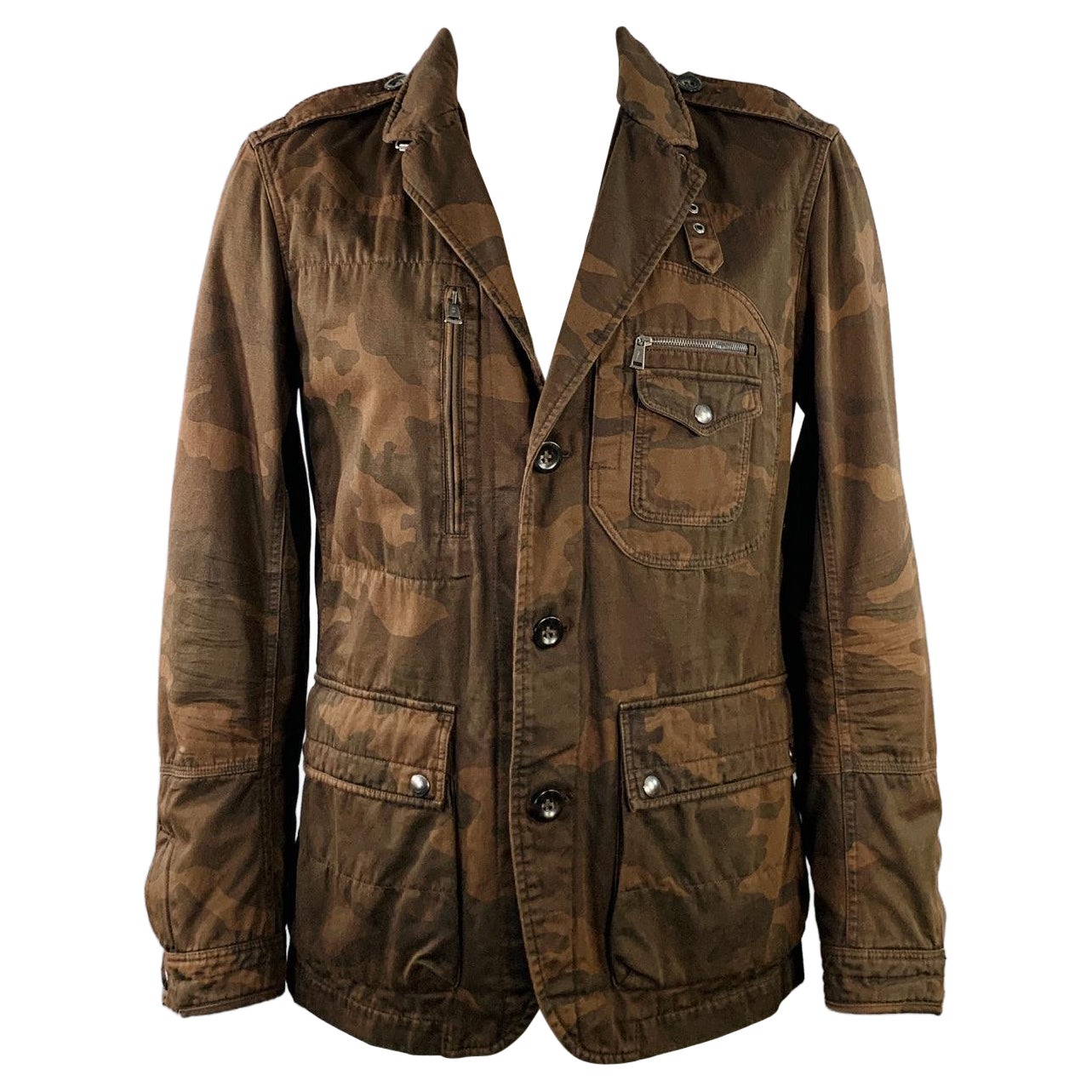 Ralph Lauren Size L Brown Black Camouflage Cotton Epaulets Utility Jacket en vente